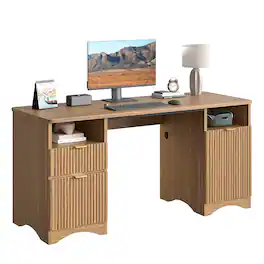 Bestier - 59 inch Fluted Executive Office Desk with 2 Drawers and Storage Cabinet Modern Home Office Desk with Cable Management - Brown Oak
