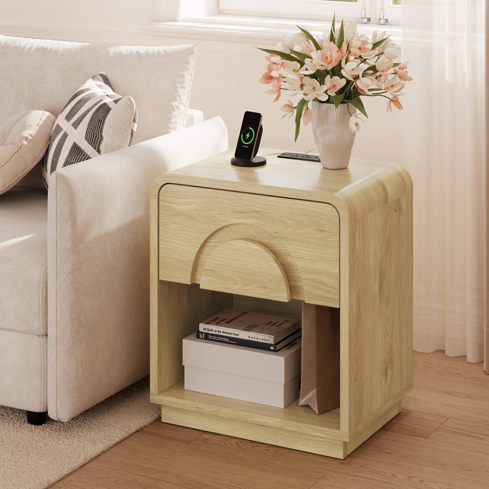 Left. Bestier - Nightstand with Charging Station & Open Shelf, Modern Bedside Table End Table for Bedroom Living Room - Set of 2-Natural Oak.