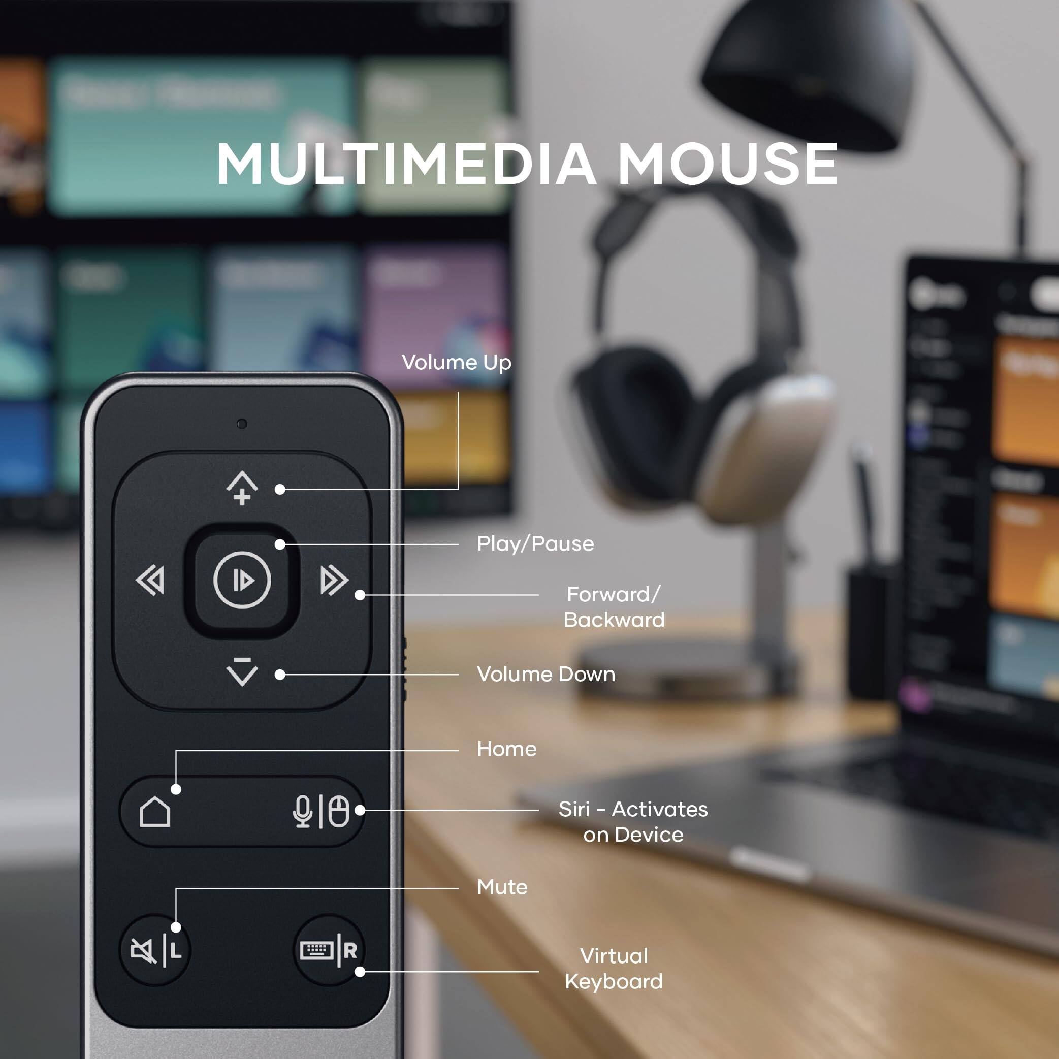 MULTIMEDIA MOUSE

- Volume Up
- Play/Pause
- Forward/ Backward
- Volume Down
- Home
- Siri - Activates on Device
- Mute
- Virtual Keyboard