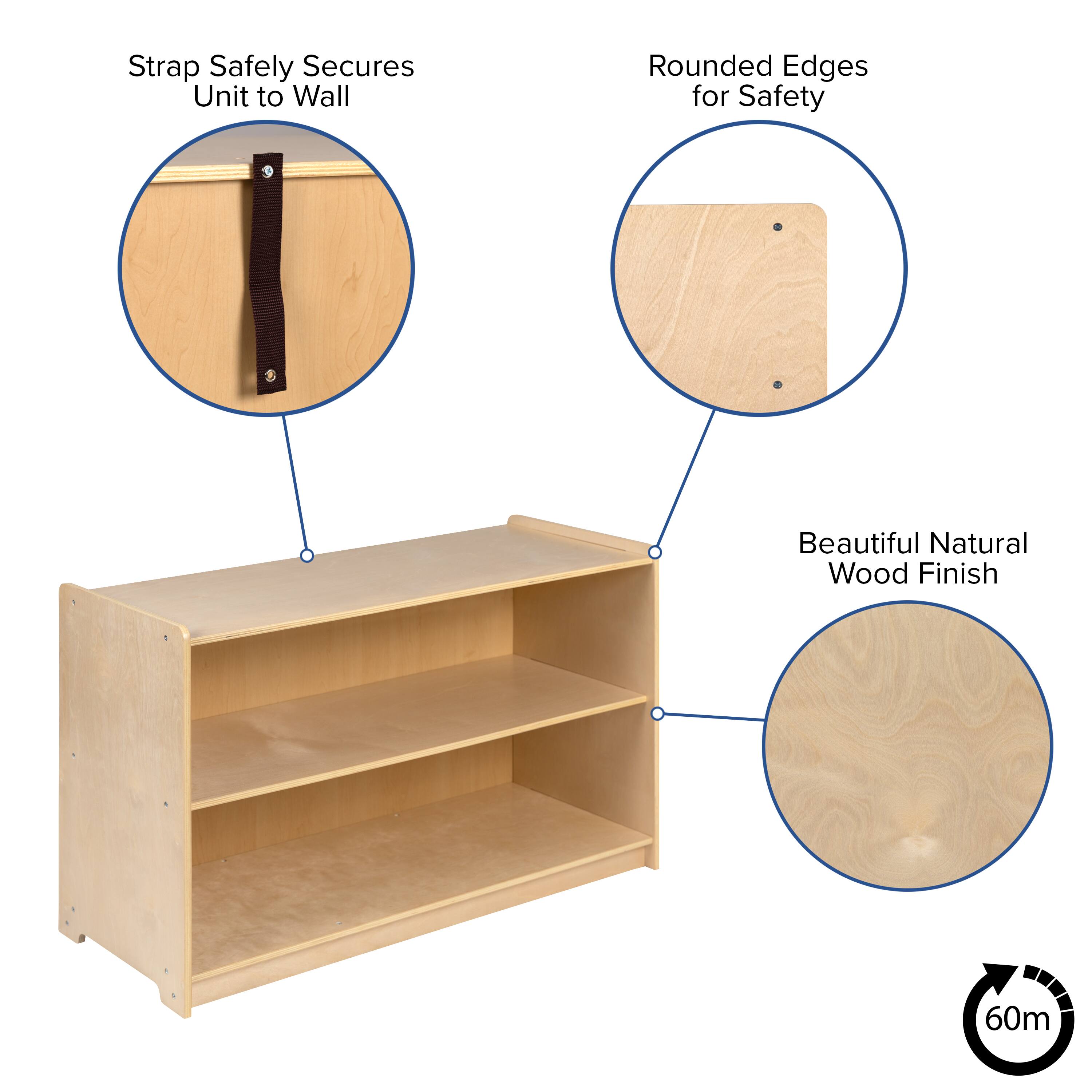 Strap Safely Secures Unit to Wall  
Rounded Edges for Safety  
Beautiful Natural Wood Finish  
60m