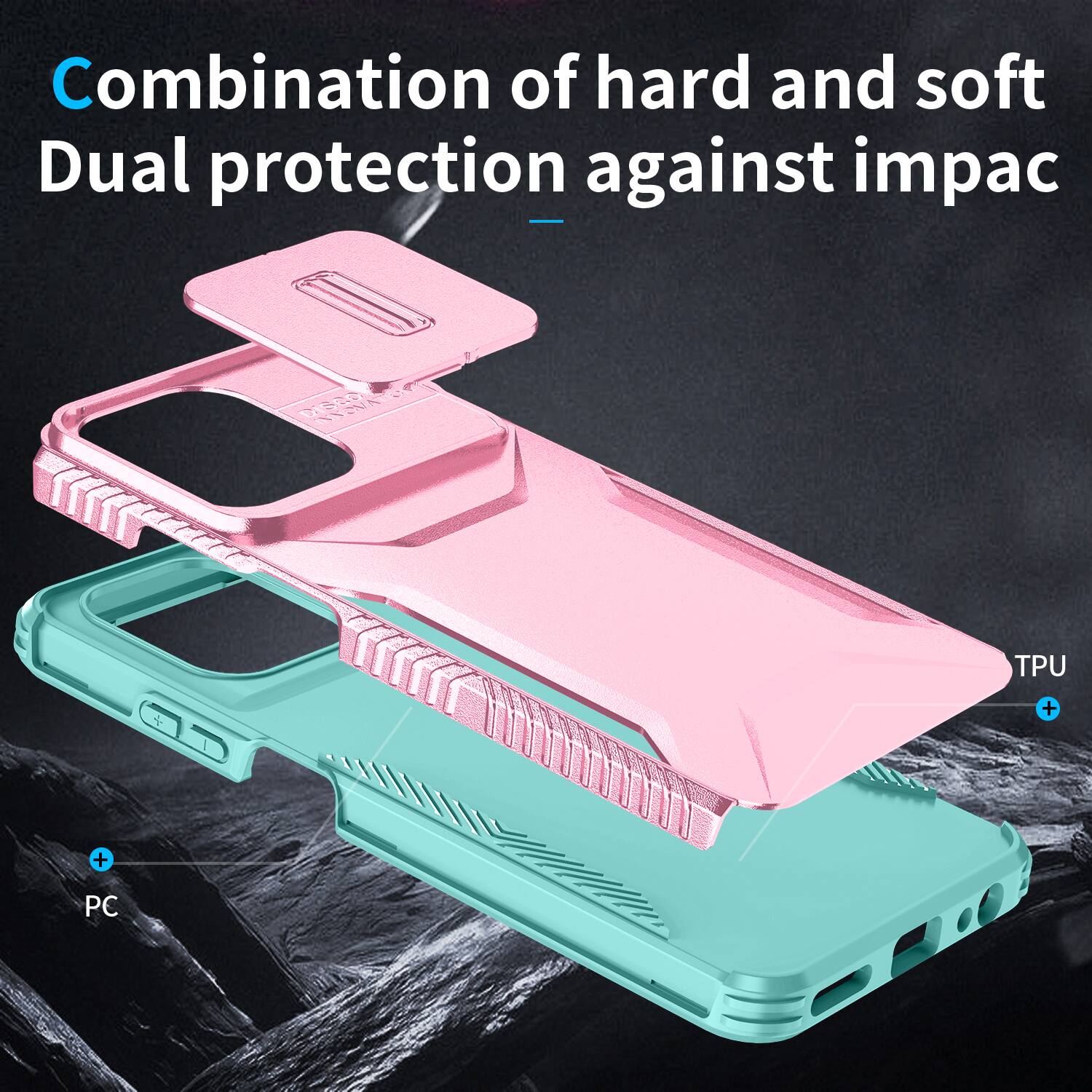 Combination of hard and soft  
Dual protection against impact

TPU  
+  
PC