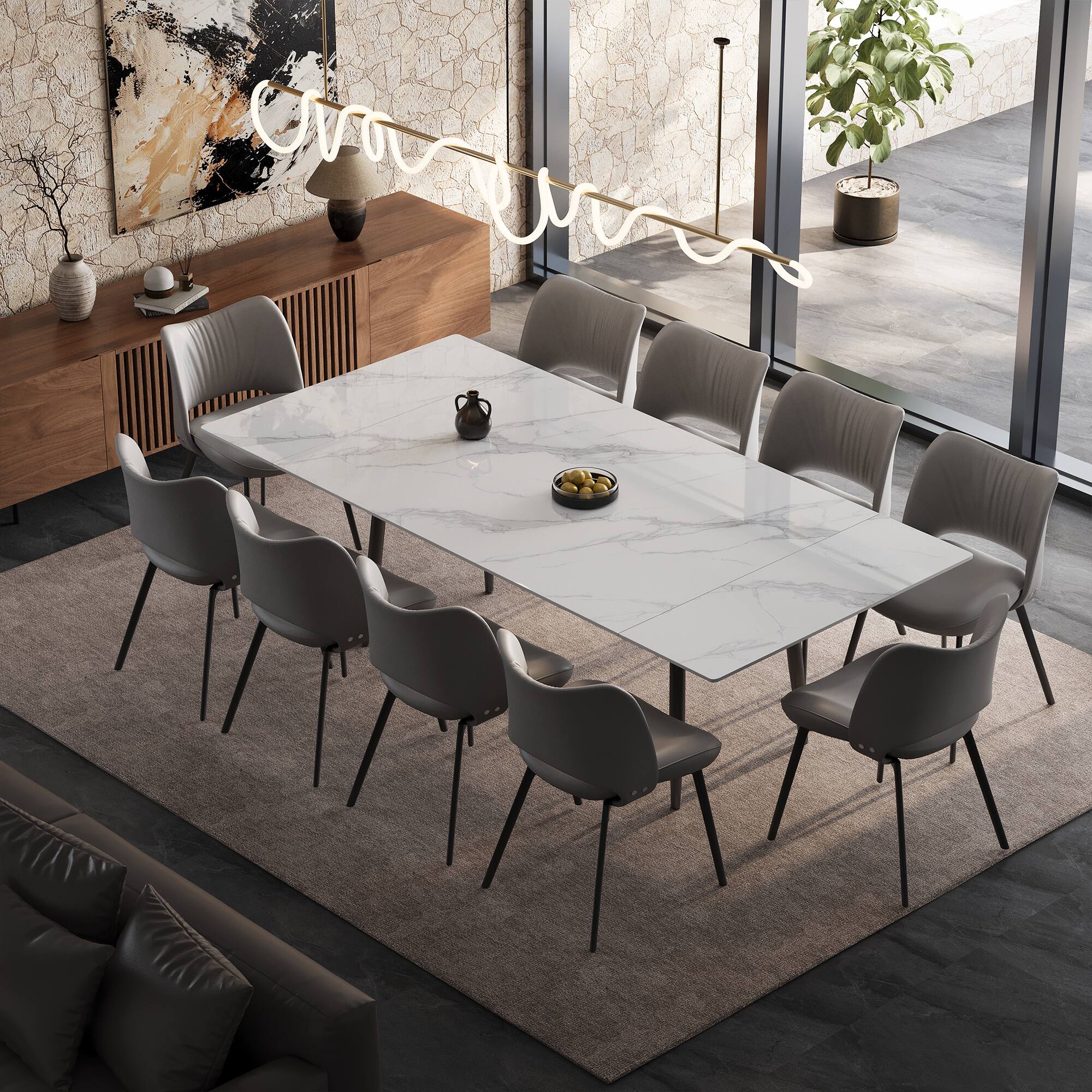 Alt View 2. luck idea - 94.4" Retractable Sintered Stone Dining Table, Seats 8 - 10 People - Bright white.