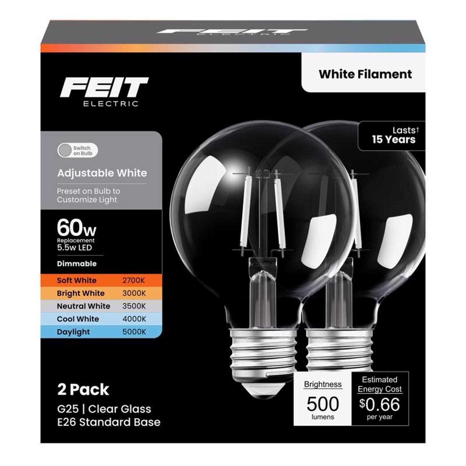 FEIT ELECTRIC - Feit G25 E26 (Medium) LED Bulb Adjustable White 60 Watt Equivalence 2 pk