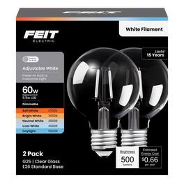 FEIT ELECTRIC - Feit G25 E26 (Medium) LED Bulb Adjustable White 60 Watt Equivalence 2 pk