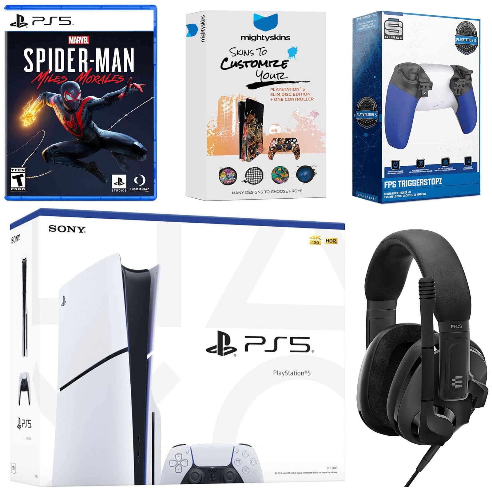 PlayStation 5 Slim Disc Bundle with Spider-Man: Miles Morales, EPOS Headset, Trigger Kit and MightySkins Code - PlayStation 5