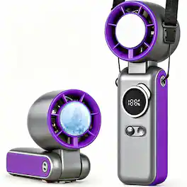 PRIMEPLUS - Portable Handheld AC Fan with Ice Cooling, 199-Speed Strong Wind, 6000mAh 3-in-1 Mini Cooler for Outdoor Travel - Purple