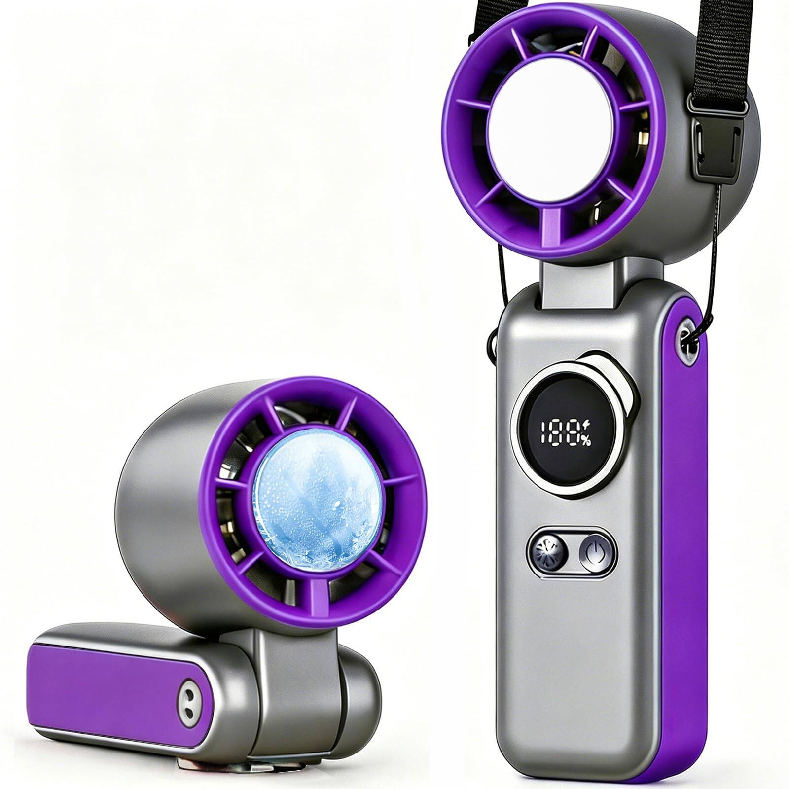 Front. PRIMEPLUS - Portable Handheld AC Fan with Ice Cooling, 199-Speed Strong Wind, 6000mAh 3-in-1 Mini Cooler for Outdoor Travel - Purple.