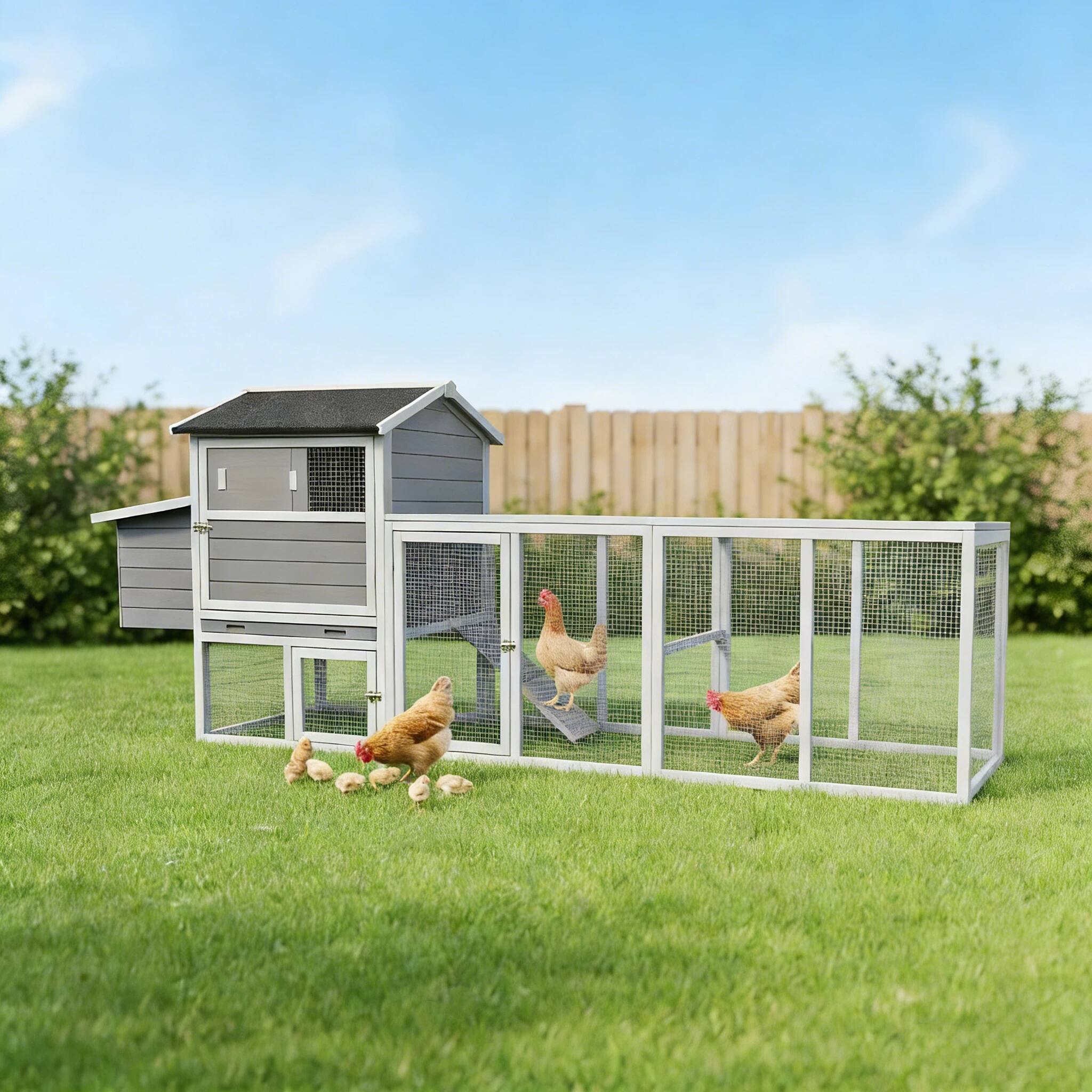 Left. Mondawe - 115" Fir Wood Chicken Coop Outdoor Hen House Poultry Cage w/ Run & Nesting Box, Sliding Door & Lock - Gray.