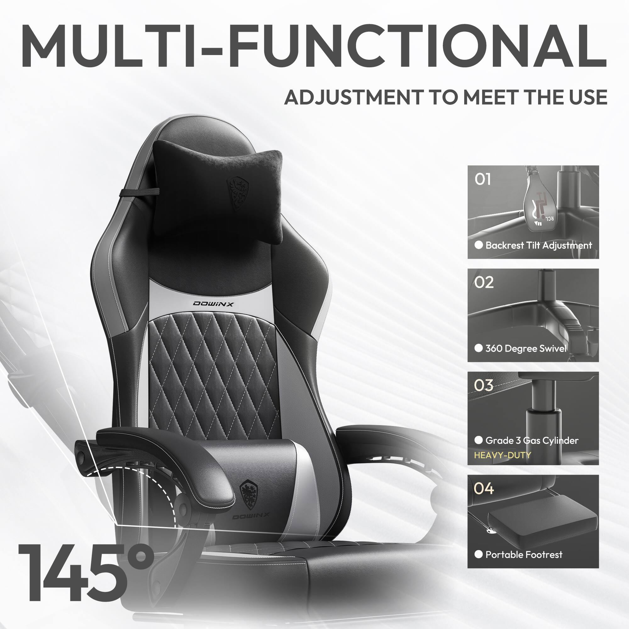 MULTI-FUNCTIONAL  
ADJUSTMENT TO MEET THE USE

01 Backrest Tilt Adjustment  
02 360 Degree Swivel  
03 Grade 3 Gas Cylinder HEAVY-DUTY  
04 Portable Footrest