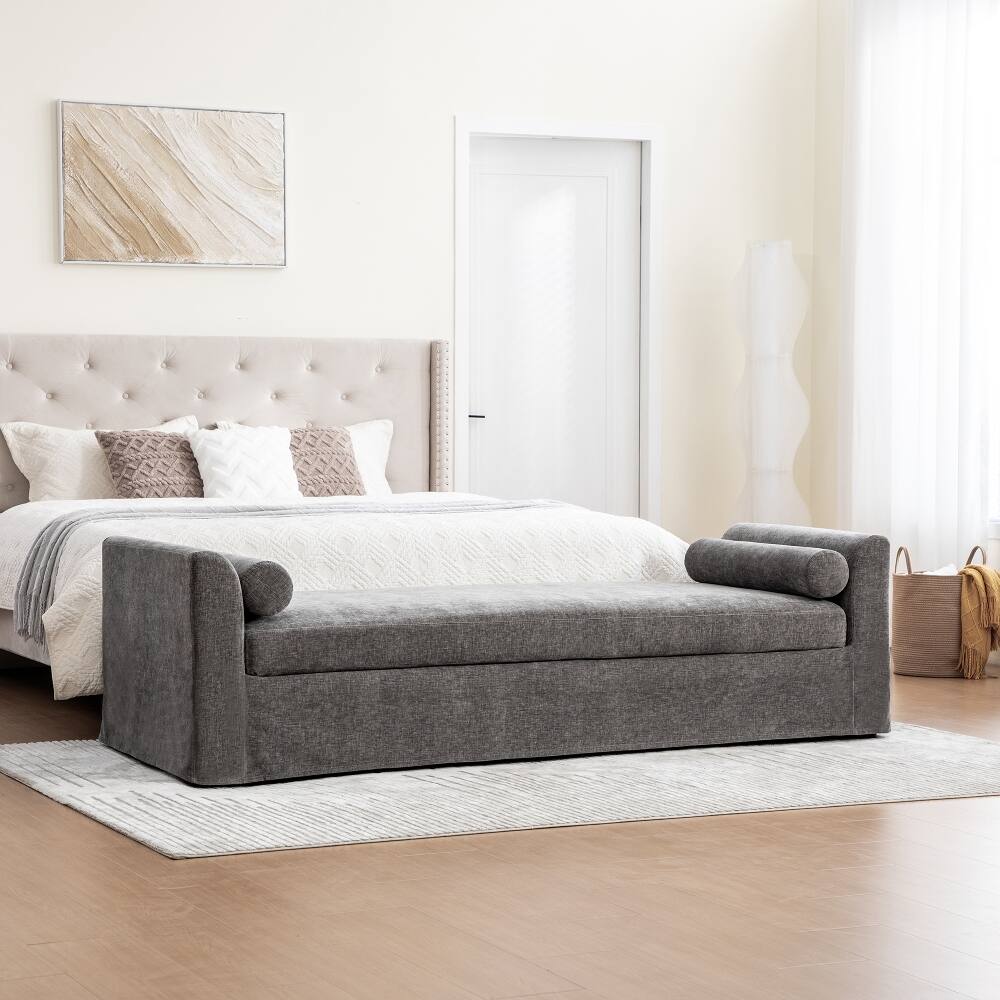 Angle. Ropilly - Ropilly Modern Gray Chenille Bed End Bench with Armrests, Chaise Lounge Couch for Bedroom and Entryway - Gray.