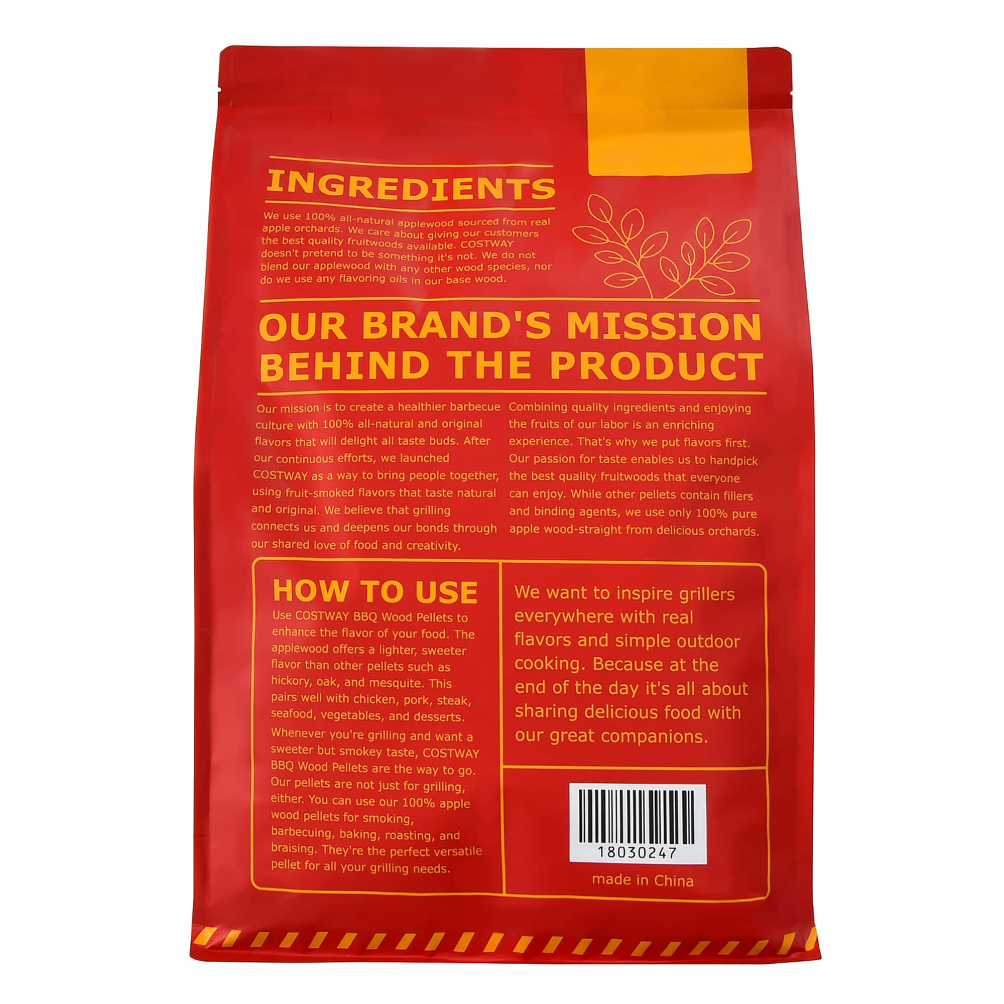 INGREDIENTS: 100% all-natural applewood sourced from apple orchards. Customers can learn about the quality fruitwoods available. COSTWAY doesn't pretend to blend applewood with other wood species, flavoring wood. Our brand's mission behind the product is to create a healthier barbecue experience by combining quality ingredients and enjoying the outdoor grilling culture. 100% all-natural original fruits are used to enrich flavors and delight taste buds. After continuous efforts, we launched our passion for taste, which enables us to handpick the best quality fruitwoods that everyone can use to enjoy natural fruit-smoked flavors. While other pellets contain fillers and binding agents, only 100% pure apple wood-straight from delicious orchards-connects and deepens bonds through shared food experiences.
HOW TO USE: We want to inspire grillers everywhere with real flavors and simple outdoor grilling experiences.
