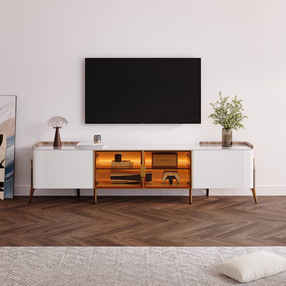 Angle. POVISON - 79"Fully Assembled Luxury TV Stand, Fluted TV Cabinet for Living Room Storage,TV Console Perfect for 70-75 In TVs - White.