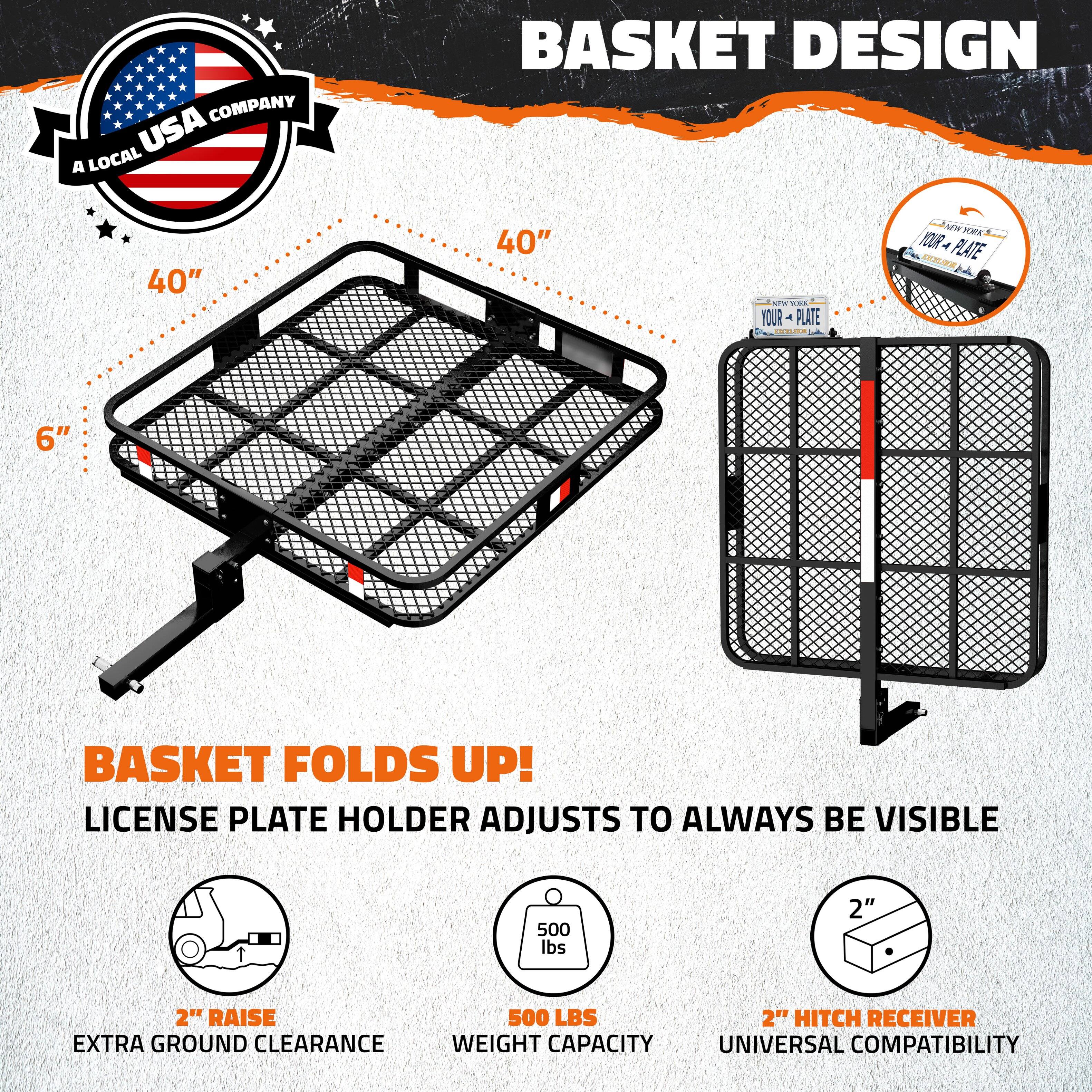 **BASKET DESIGN**

- **A LOCAL USA COMPANY**

- **40" x 40"**
- **6"**

**BASKET FOLDS UP!**

**LICENSE PLATE HOLDER ADJUSTS TO ALWAYS BE VISIBLE**

- **2" RAISE**  
  EXTRA GROUND CLEARANCE

- **500 LBS**  
  WEIGHT CAPACITY

- **2" HITCH RECEIVER**  
  UNIVERSAL COMPATIBILITY