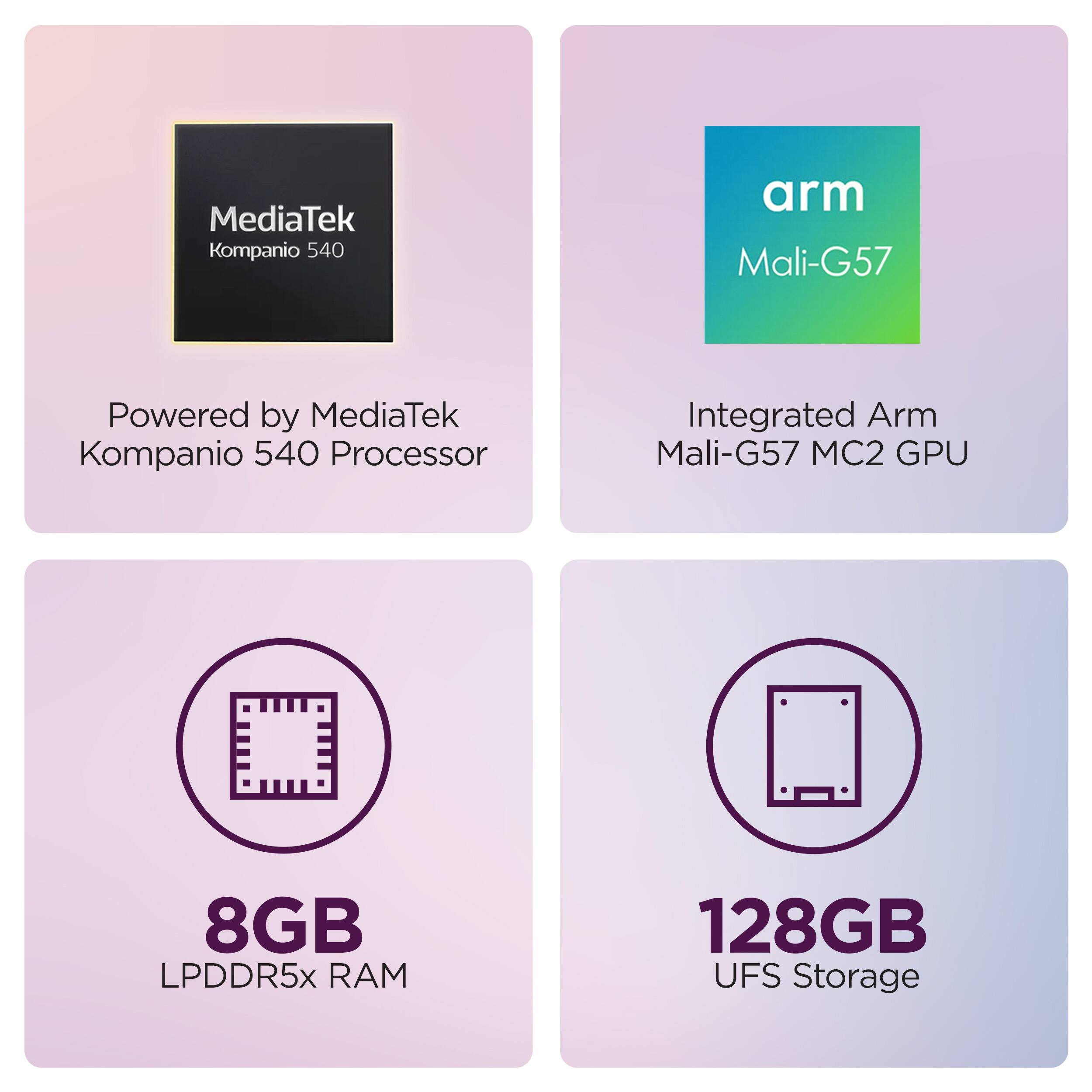 MediaTek Kompanio 540  
Powered by MediaTek Kompanio 540 Processor  
Integrated Arm Mali-G57 MC2 GPU  
8GB LPDDR5x RAM  
128GB UFS Storage