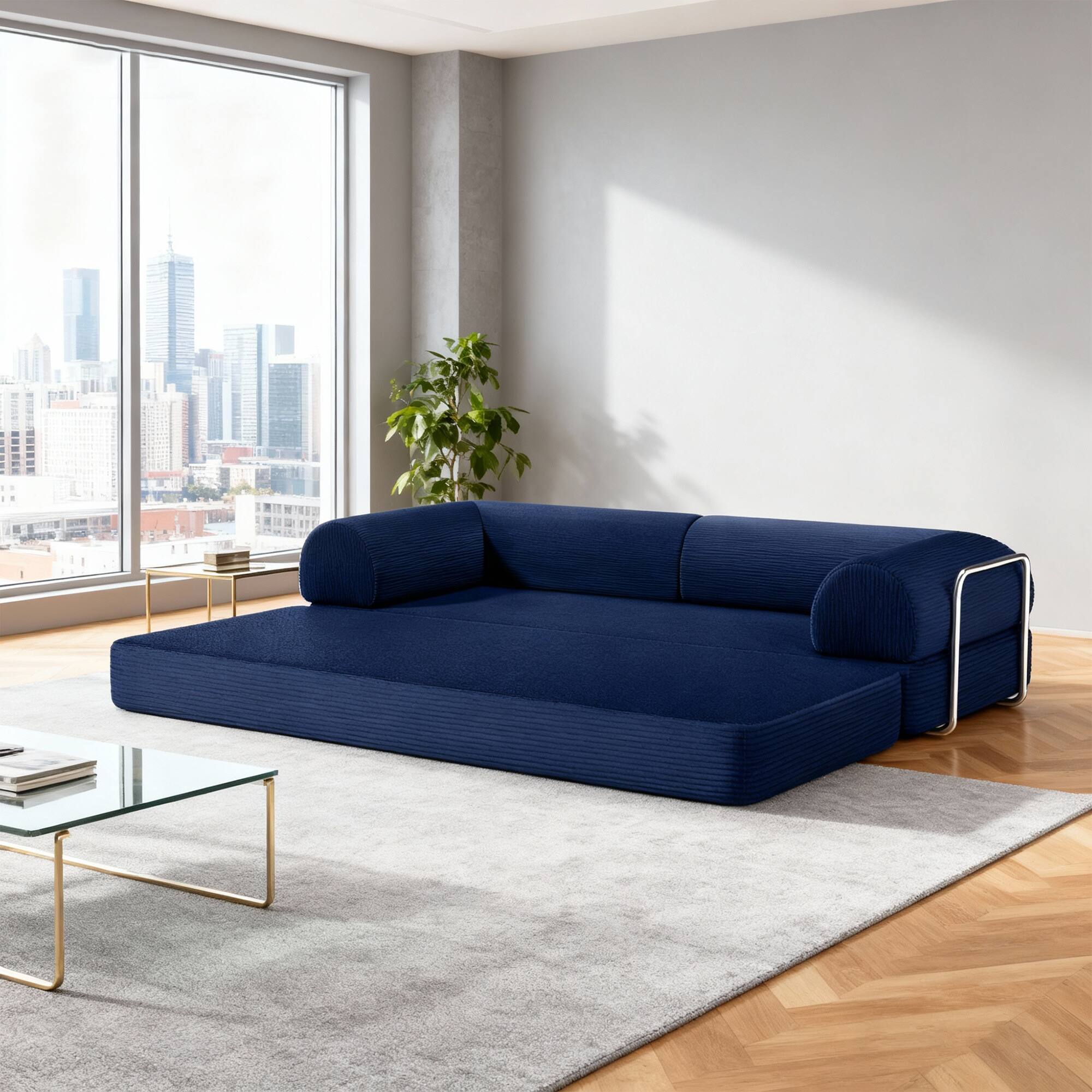 Front. Vaczon - 79" Modular Convertible Sofa Bed with High-Density Foam and Corduroy Upholstery with Lumbar Pillow Included - Blue.