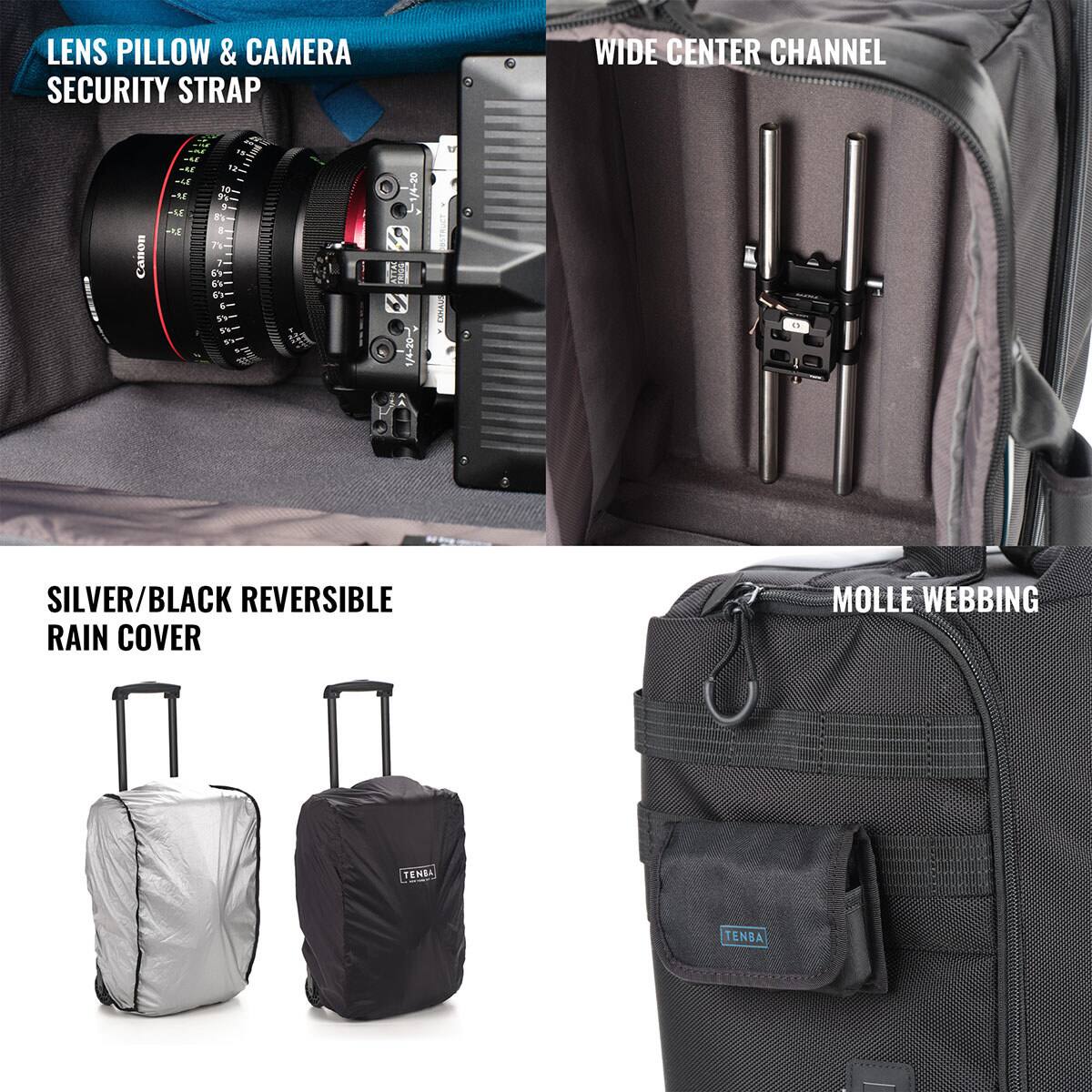 LENS PILLOW & CAMERA SECURITY STRAP  
WIDE CENTER CHANNEL  
SILVER/BLACK REVERSIBLE RAIN COVER  
MOLLE WEBBING