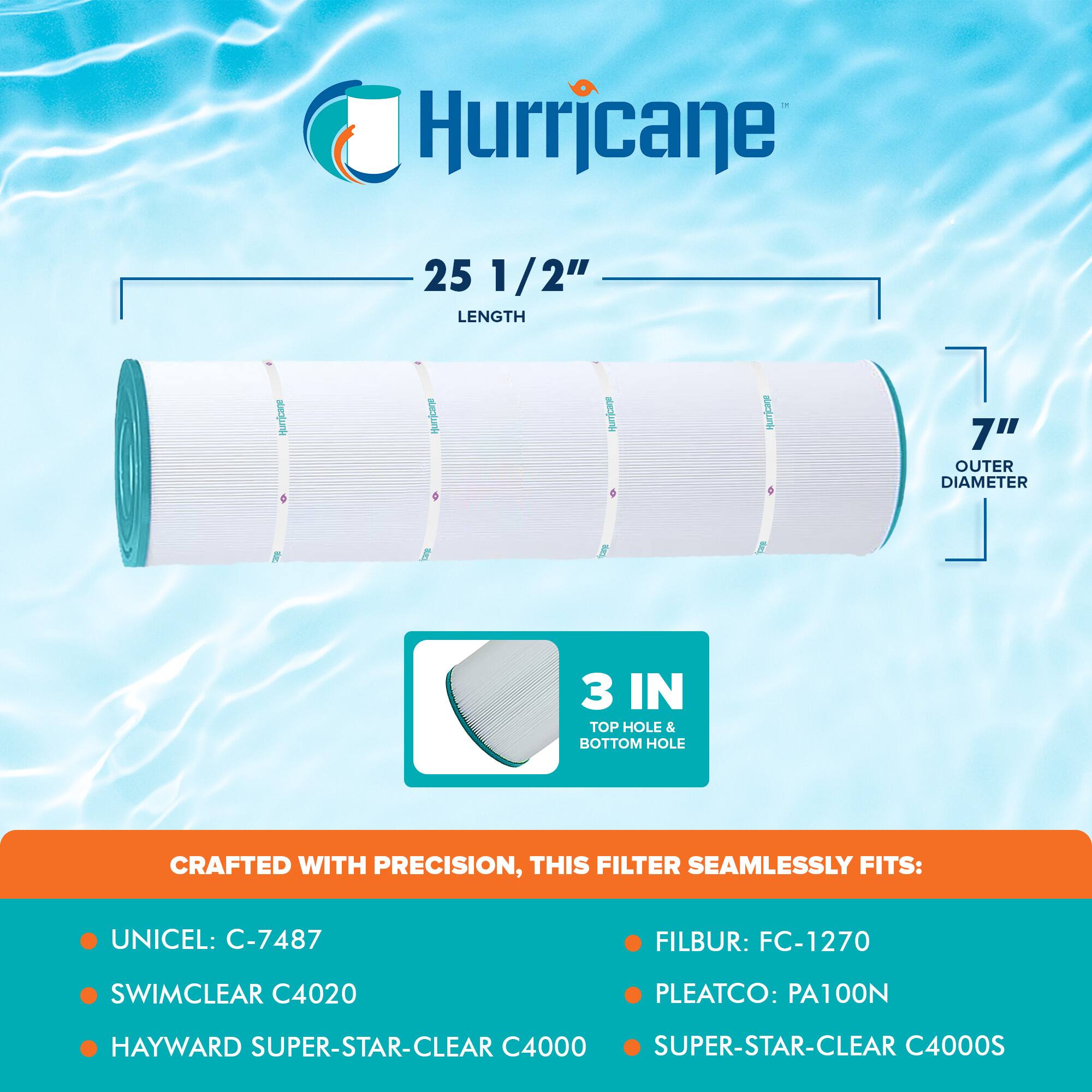 Hurricane

25 1/2" LENGTH

7" OUTER DIAMETER

3 IN TOP HOLE & BOTTOM HOLE

CRAFTED WITH PRECISION, THIS FILTER SEAMLESSLY FITS:

- UNICEL: C-7487
- SWIMCLEAR C4020
- HAYWARD SUPER-STAR-CLEAR C4000
- FILBUR: FC-1270
- PLEATCO: PA100N
- SUPER-STAR-CLEAR C4000S