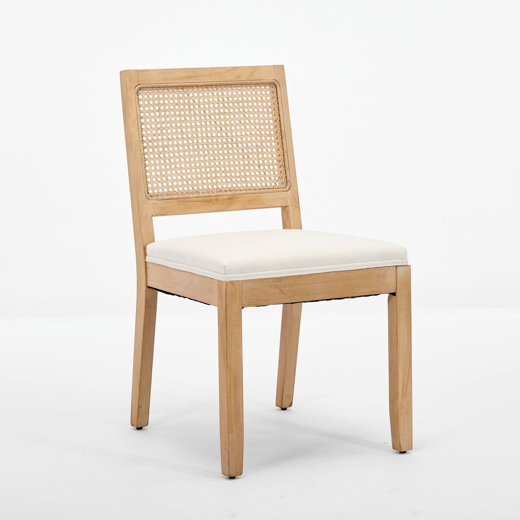 Left. GOODSILO - Set of 2 Modern Farmhouse Dining Chairs with Rattan Backrest and Linen Upholstery for Kitchen and Dining Room - Beige.