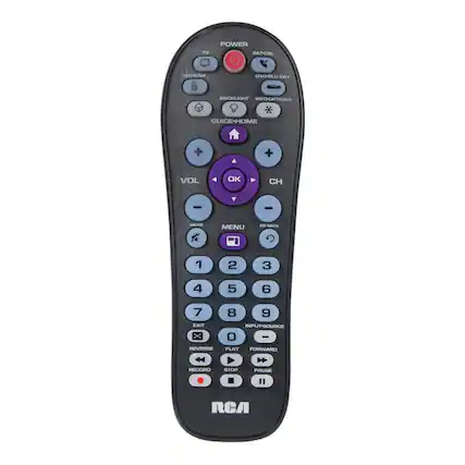 POWER
TV
SAT-CBL
DVD-BLU RAY
BACKLIGHT
INFO-OPTIONS
GUIDE+HOME
VOL
OK
CH
MUTE
MENU
GO BACK
1
2
3
4
5
6
7
8
9
EXIT REVERSE
INPUT-SOURCE 0
PLAY FORWARD
RECORD
STOP
PAUSE
RCA