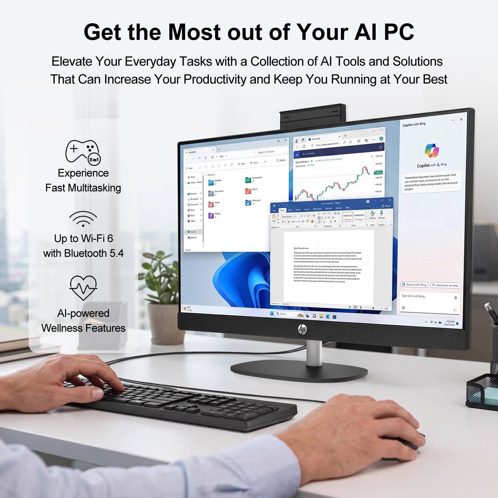 Get the Most out of Your AI PC  
Elevate Your Everyday Tasks with a Collection of AI Tools and Solutions That Can Increase Your Productivity and Keep You Running at Your Best  

- Experience Fast Multitasking  
- Up to Wi-Fi 6 with Bluetooth 5.4  
- AI-powered Wellness Features
