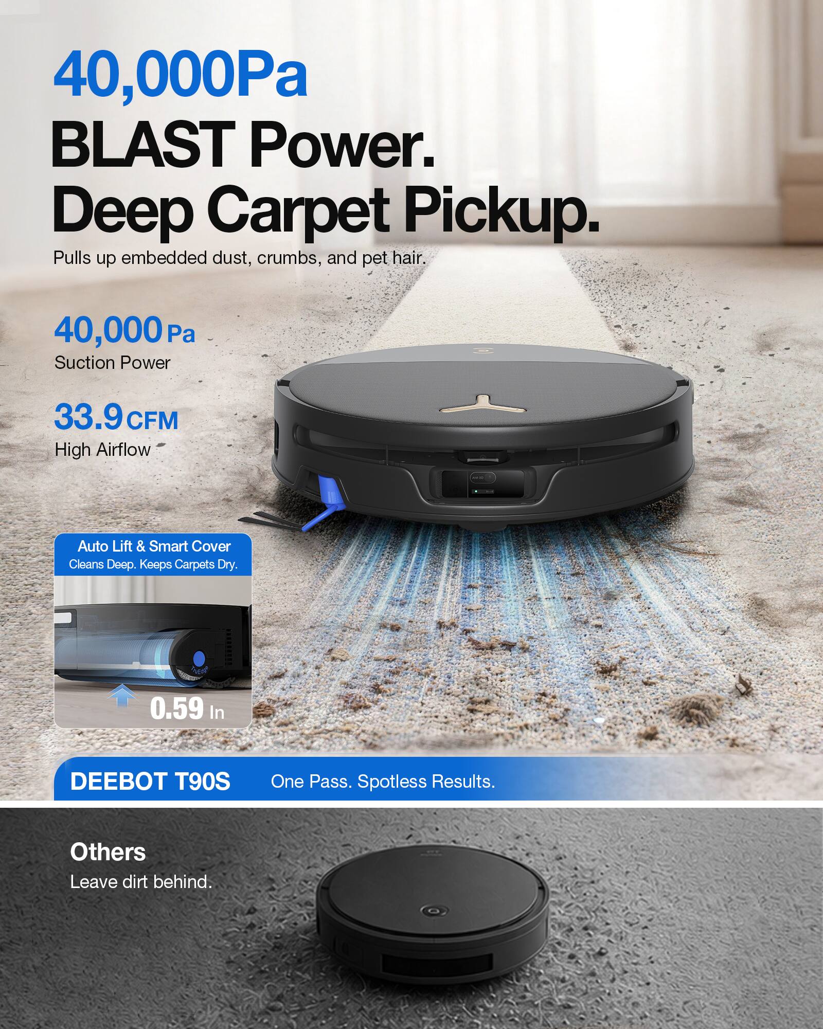 40,000Pa BLAST Power. Deep Carpet Pickup. Pulls up embedded dust, crumbs, and pet hair.

40,000 Pa Suction Power
33.9 CFM High Airflow

Auto Lift & Smart Cover Cleans Deep. Keeps Carpets Dry.
0.59 In

DEEBOT T90S
One Pass. Spotless Results.

Others Leave dirt behind.