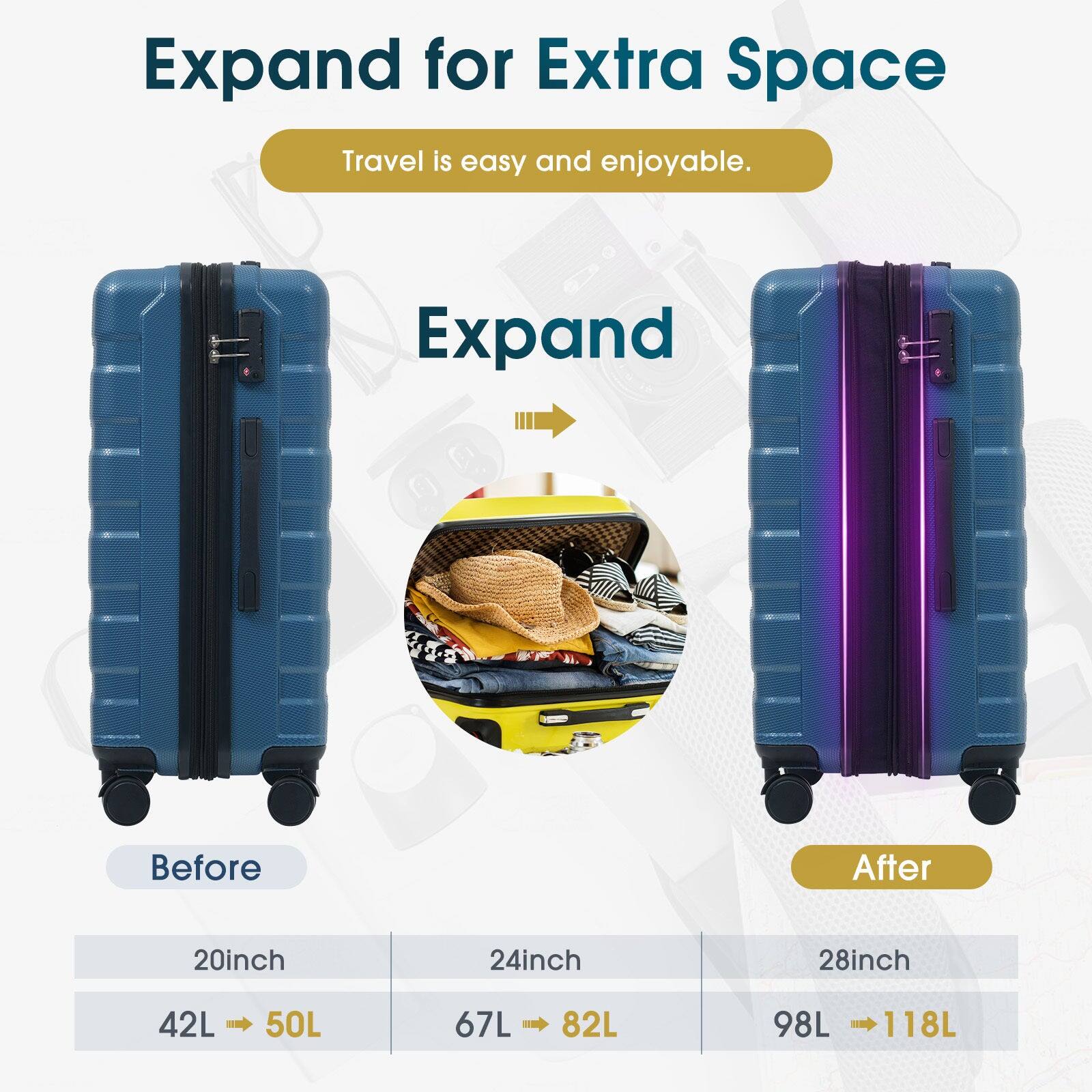 Expand for Extra Space  
Travel is easy and enjoyable.  

Before  
20inch  
42L → 50L  

24inch  
67L → 82L  

28inch  
98L → 118L  

After