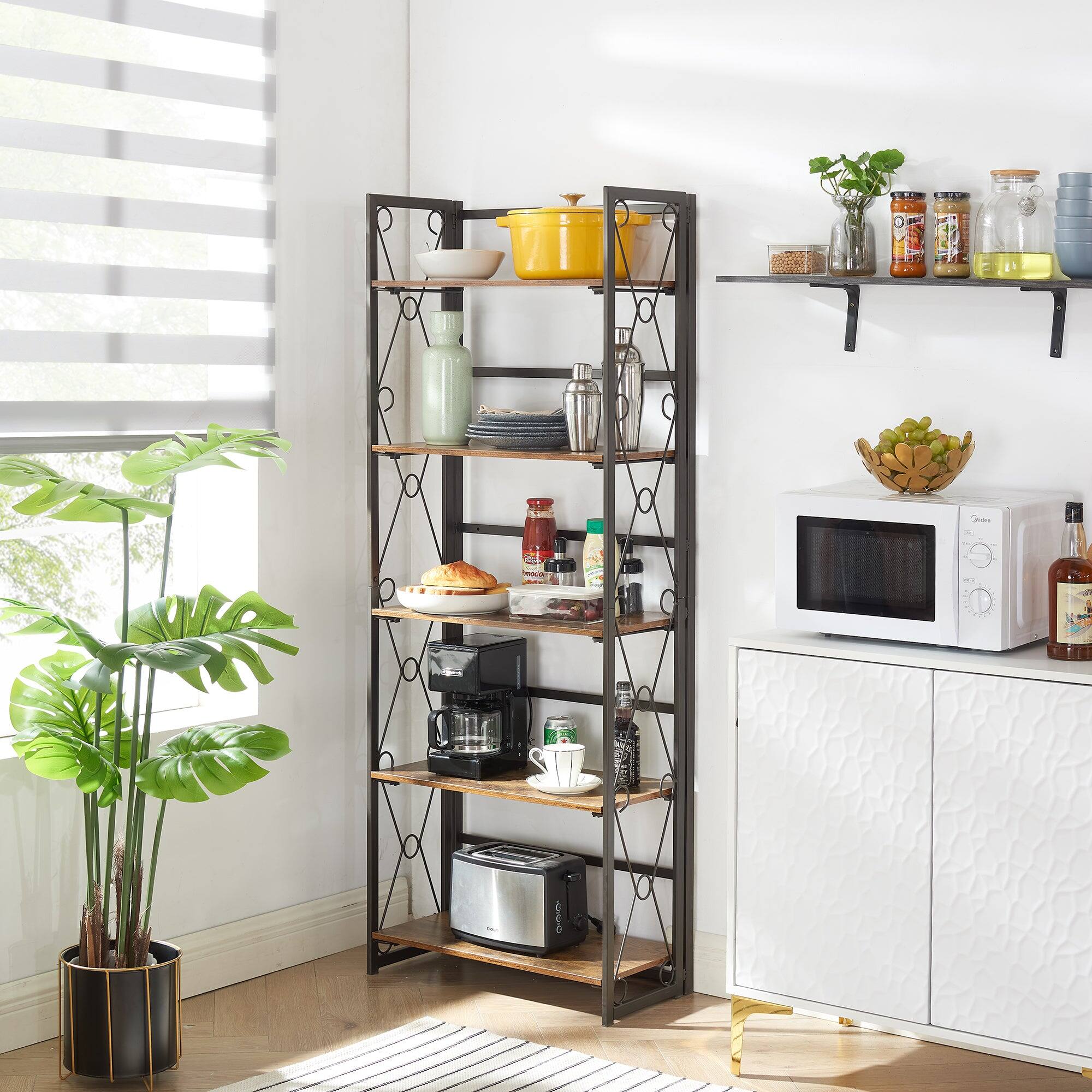 Back. Vecelo - 5-Tier No Assembly Folding Bookshelf - Sturdy Metal Frame, Display Stand Shelves, Space-Saving Storage for Home & Office - Antique Brown.