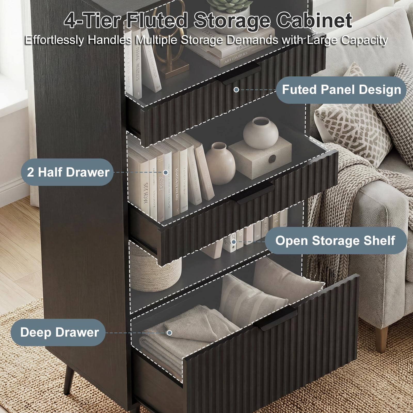 4-Tier Fluted Storage Cabinet Effortlessly Handles Multiple Storage Demands with Large Capacity

- Futed Panel Design
- 2 Half Drawer
- Open Storage Shelf
- Deep Drawer