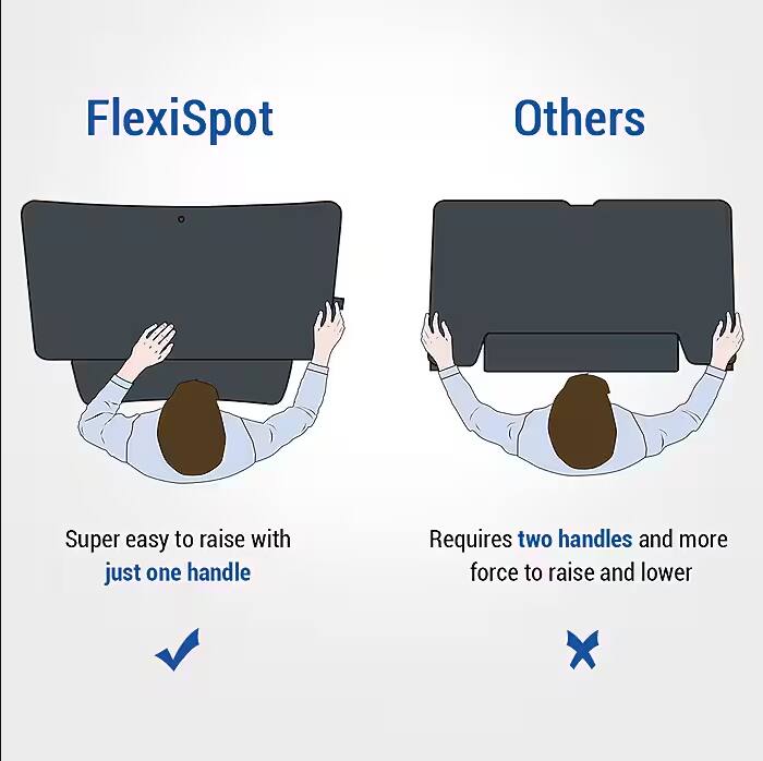 FlexiSpot  
Super easy to raise with just one handle

Others  
Requires two handles and more force to raise and lower