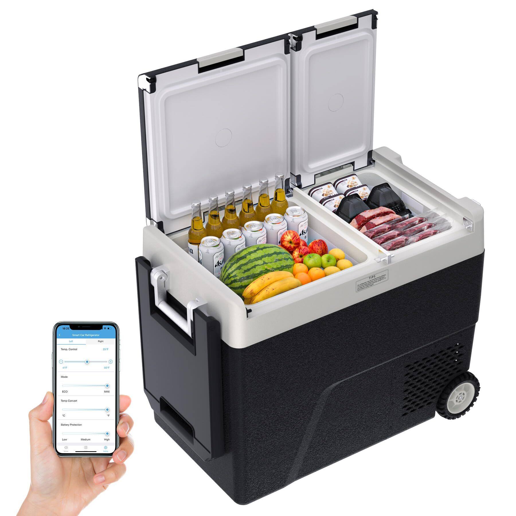 Front. Acekool - 62QT 12V Portable Car Fridge Freezer - Dual Zone App Control Wheels AC/DC /4 Power Modes (-4℉-68℉) - Black.