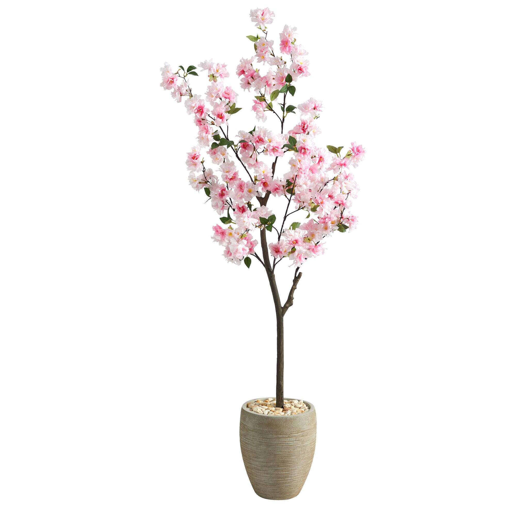 Front. BreeBe - 5.5' Cherry Blossom Tree in Sand Colored Planter - Multicolor.