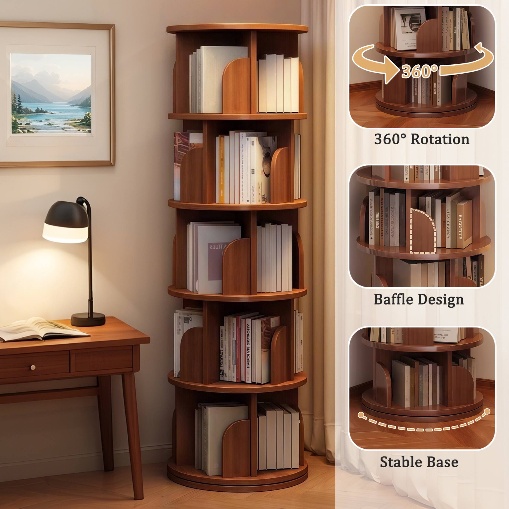 - 360° Rotation
- Baffle Design
- Stable Base