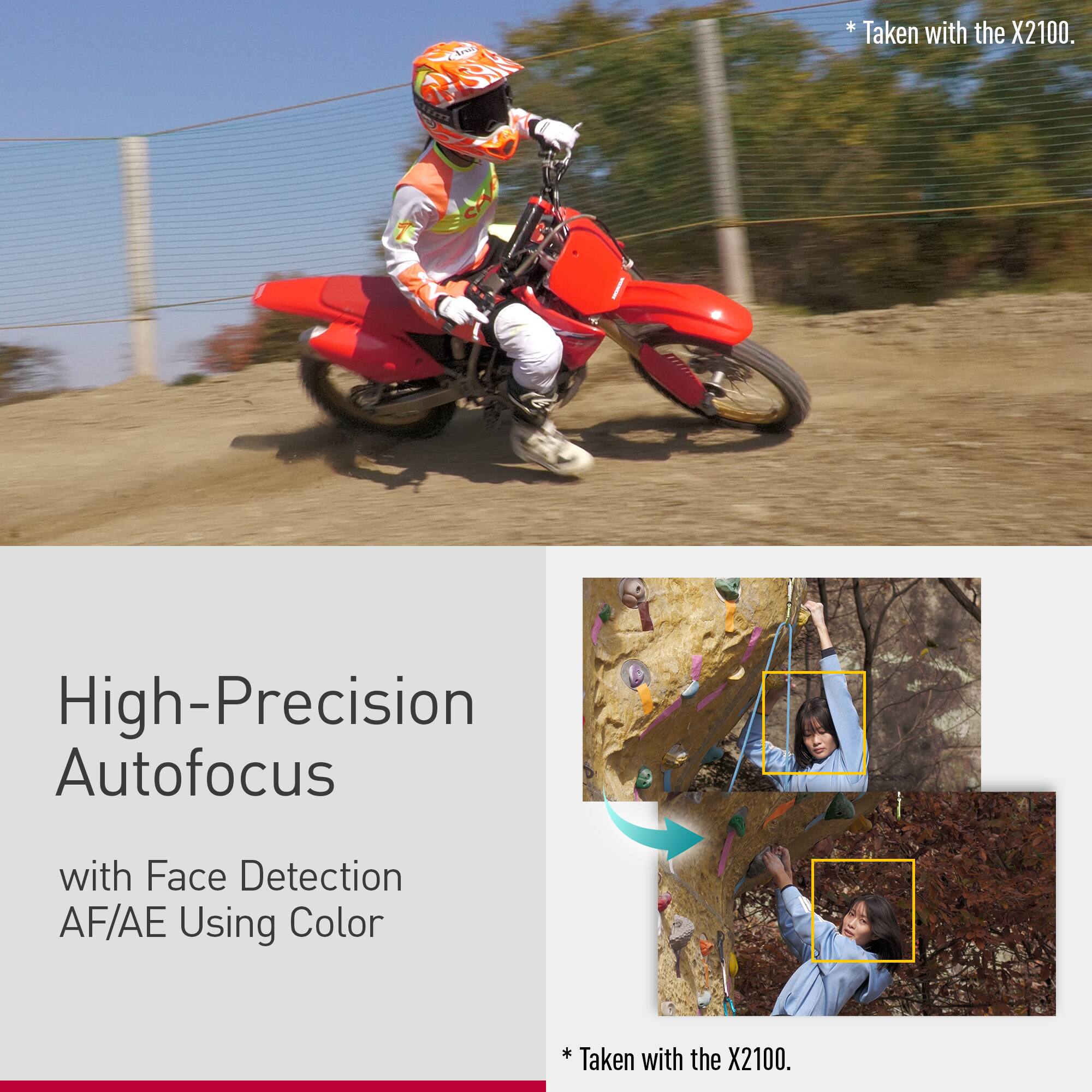 The image features a person riding a red motorcycle on a dirt hill. The rider is wearing a helmet and white pants, and the motorcycle is positioned in the center of the scene. The image is advertising a high-precision autofocus camera with face detection and color detection capabilities. The camera is described as being taken with the X2100, and the ad emphasizes the sharpness and clarity of the image.