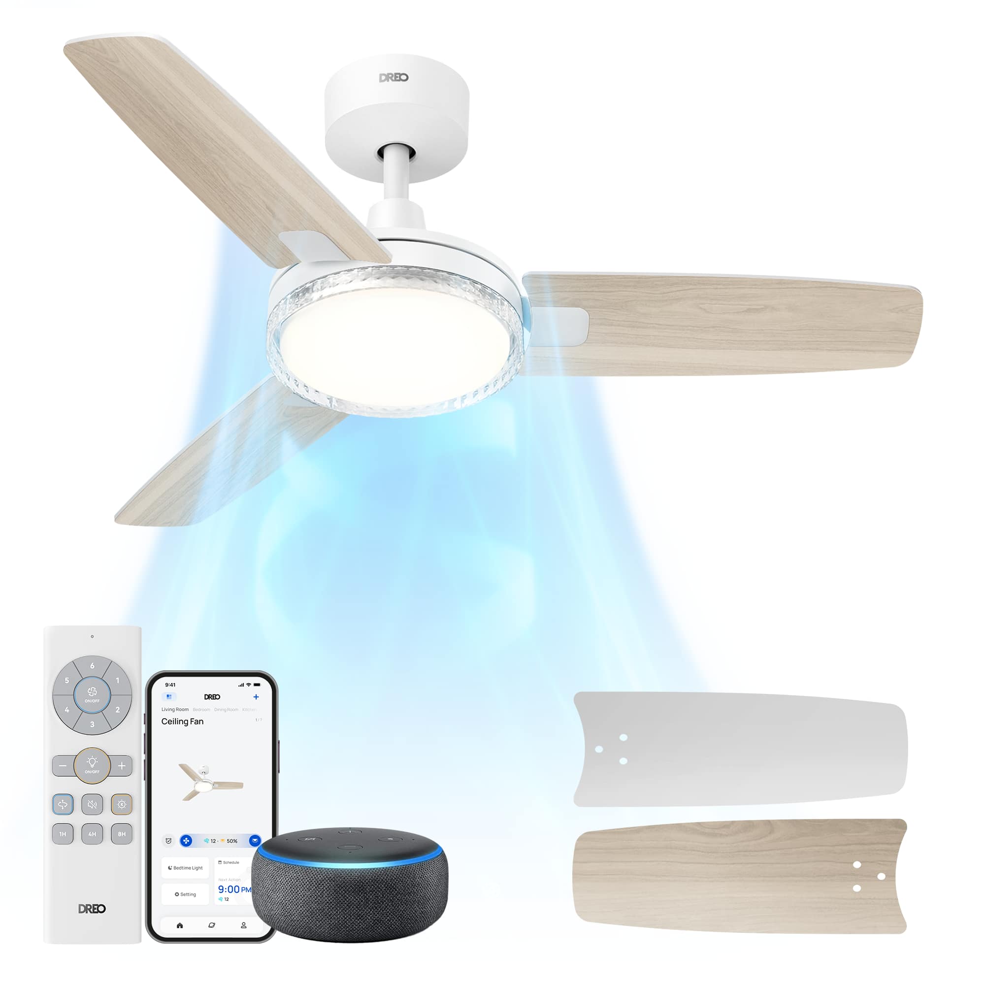 DREO - 42 in. Indoor 3-Blade Smart Ceiling Fan with lights in White