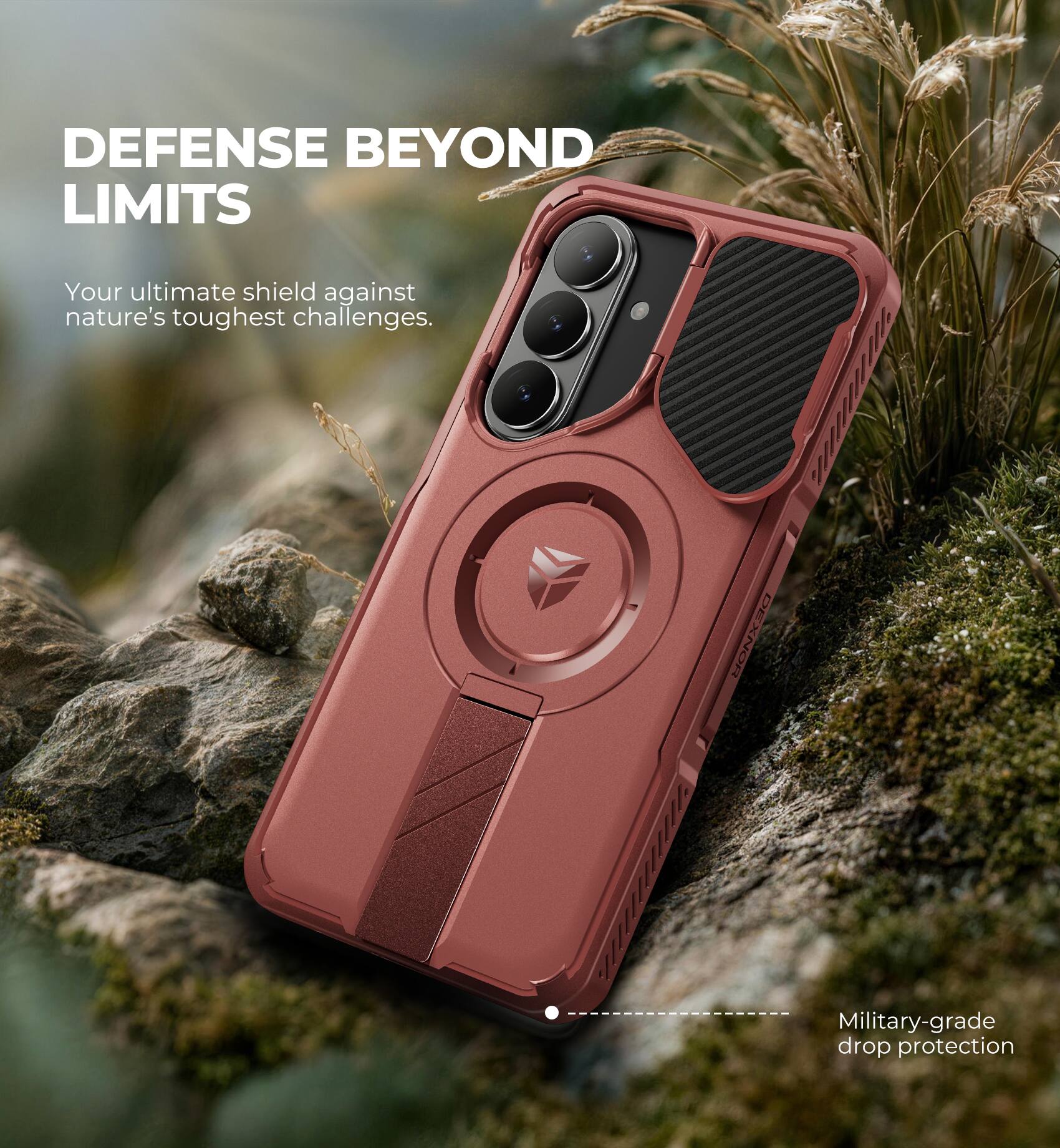 DEFENSE BEYOND LIMITS  
Your ultimate shield against nature's toughest challenges.  
Military-grade drop protection