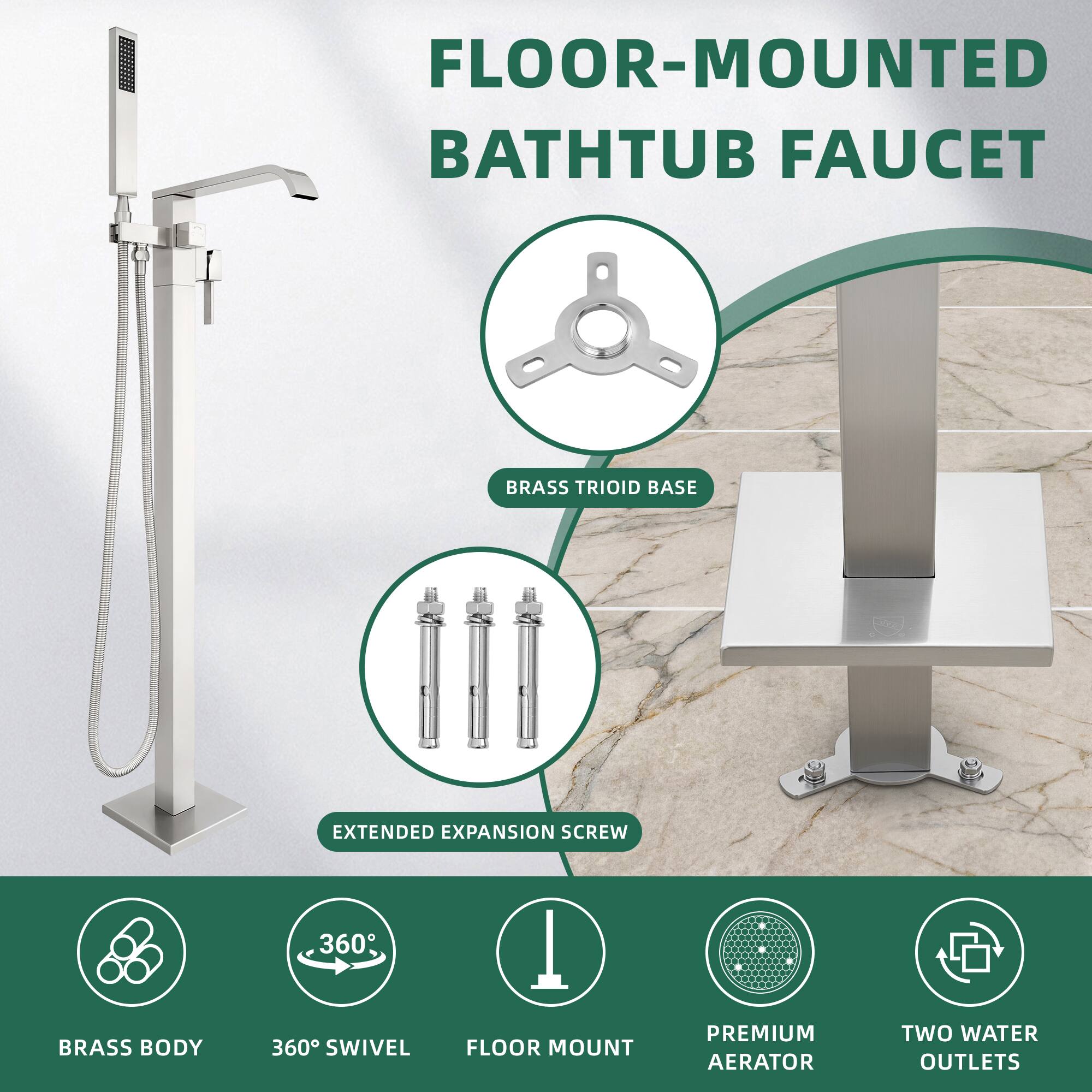 FLOOR-MOUNTED BATHTUB FAUCET  
BRASS TRIOID BASE  
EXTENDED EXPANSION SCREW  
BRASS BODY  
360° SWIVEL  
FLOOR MOUNT  
PREMIUM AERATOR  
TWO WATER OUTLETS