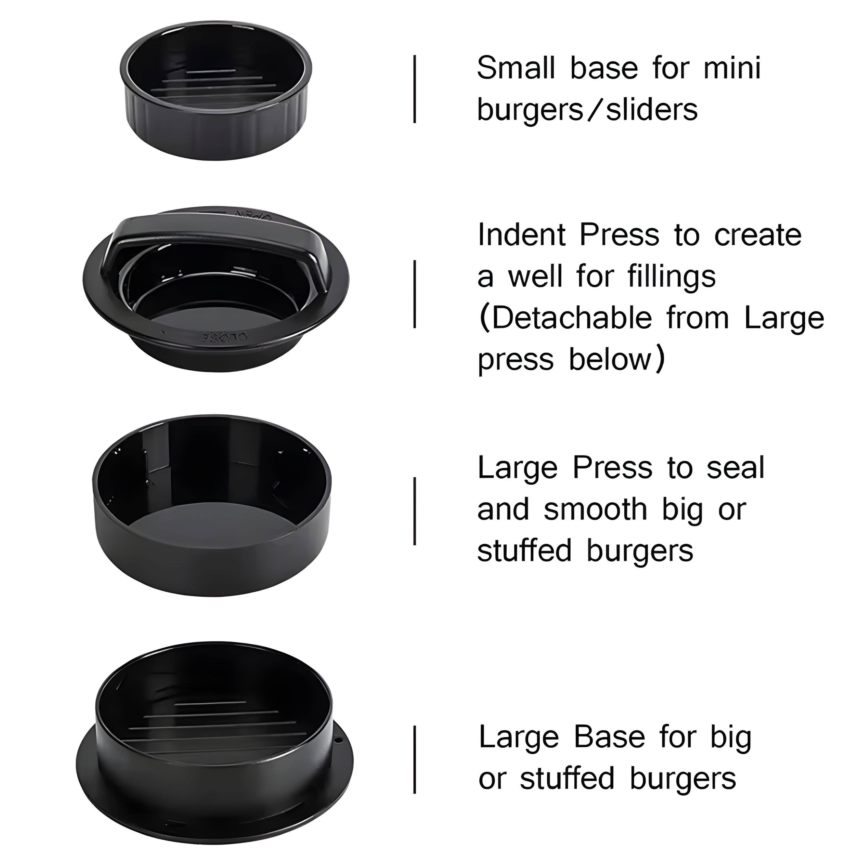 Small base for mini burgers/sliders

Indent Press to create a well for fillings (Detachable from Large press below)

Large Press to seal and smooth big or stuffed burgers

Large Base for big or stuffed burgers
