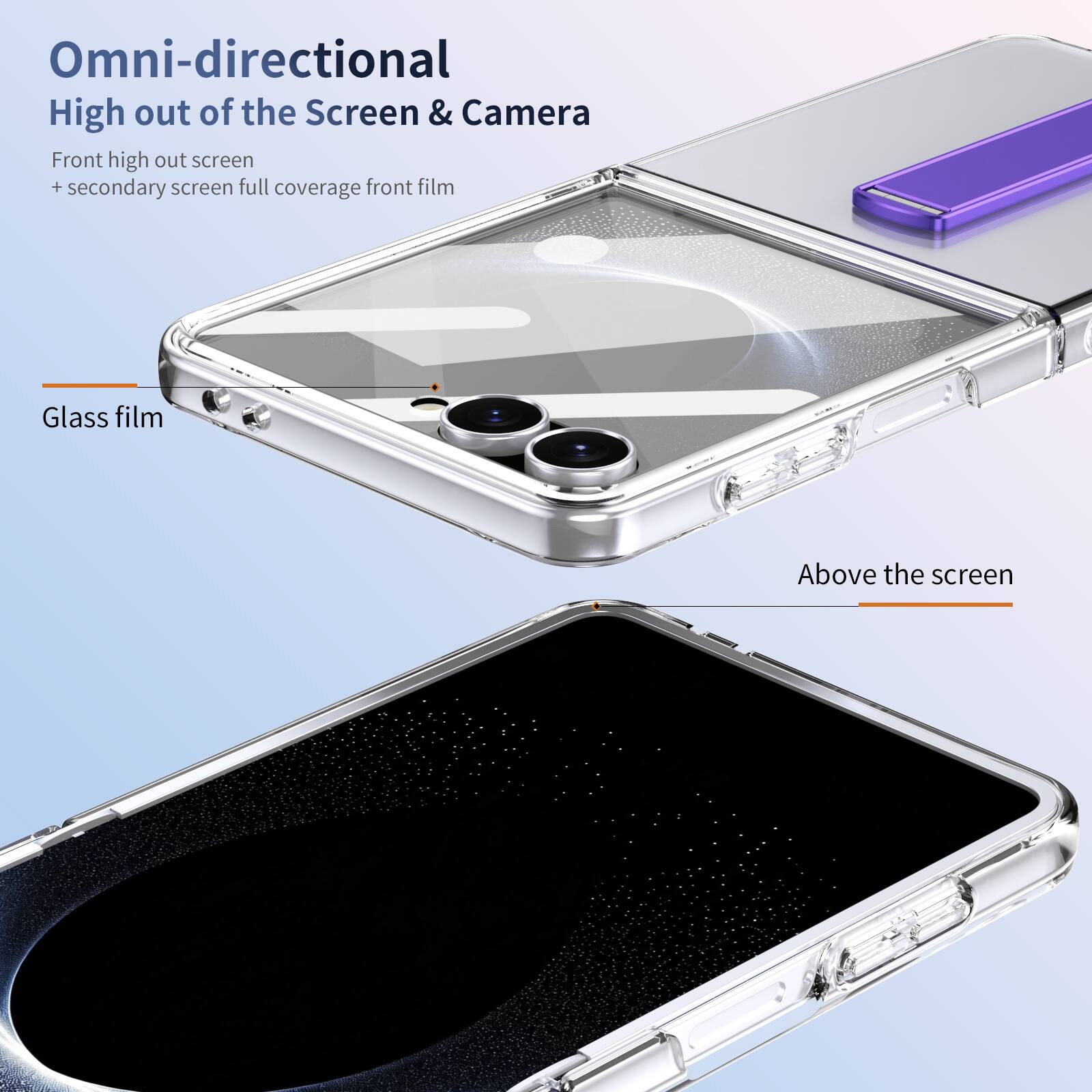 Omni-directional High out of the Screen & Camera  
Front high out screen + secondary screen full coverage front film  
Glass film  
Above the screen