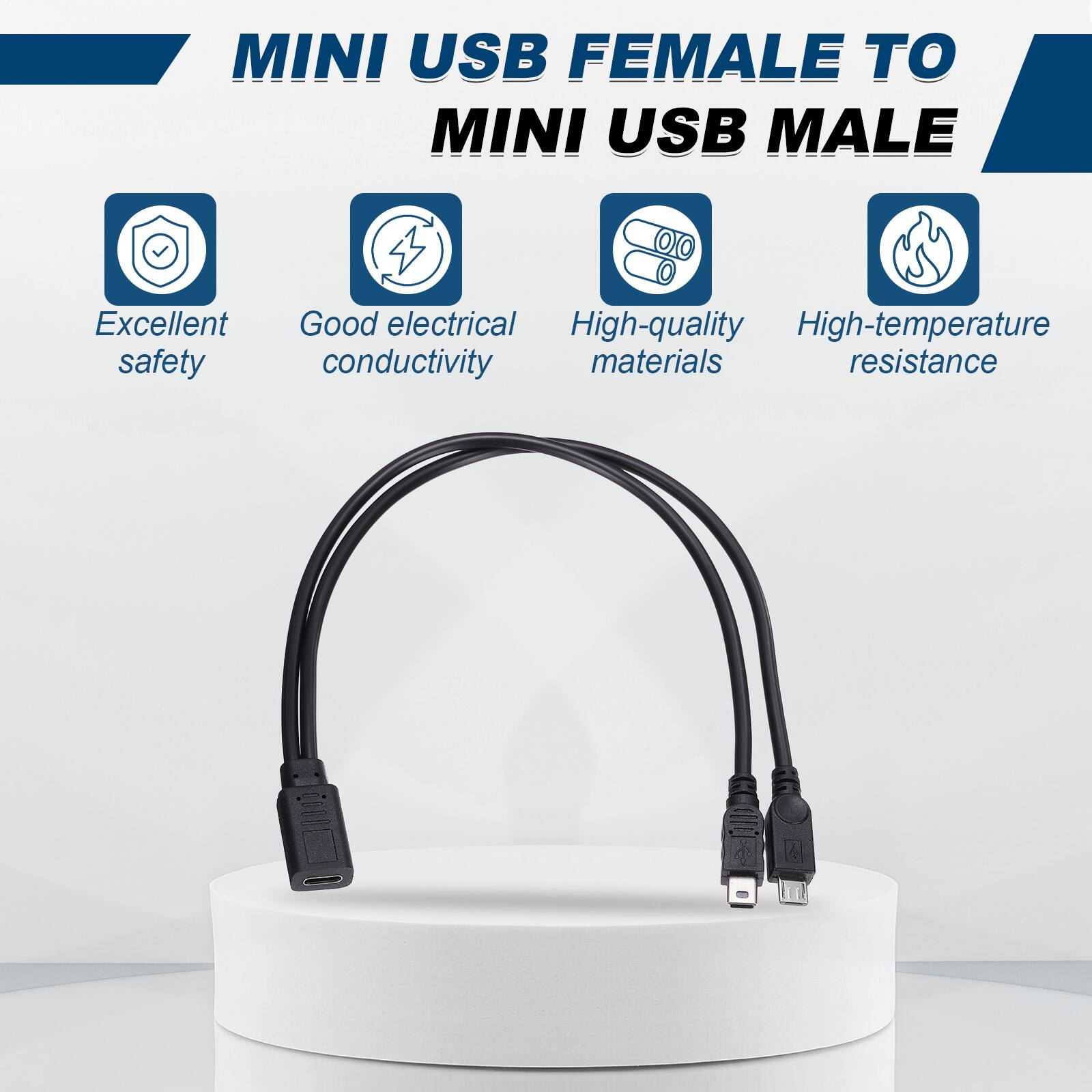 MINI USB FEMALE TO MINI USB MALE

Excellent safety  
Good electrical conductivity  
High-quality materials  
High-temperature resistance