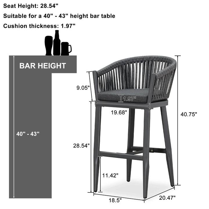 Sure, here is the corrected and grouped text from the image:

---

**Seat Height:** 28.54"

**Suitable for a 40" - 43" height bar table**

**Cushion thickness:** 1.97"

---

**BAR HEIGHT**

- 40" - 43"

- 9.05"

- 19.68"

- 28.54"

- 11.42"

- 18.5"

- 20.47"

- 40.75"

- 1.97"

---