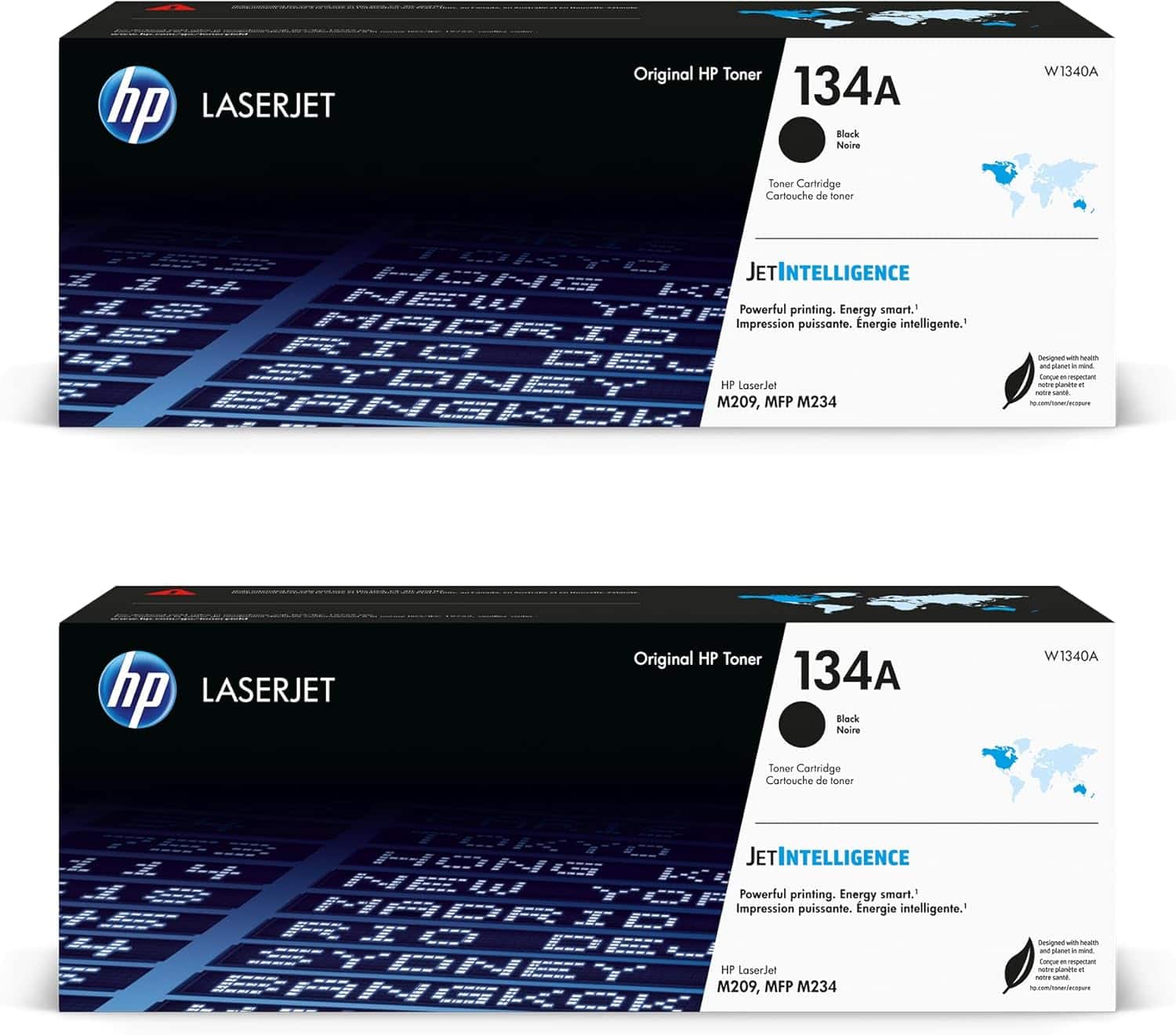 hp LASERJET Original HP Toner 134A Black Toner Cartridge Cartouche de toner W1340A JETINTELLIGENCE Powerful printing. Energy smart. Impression puissante. Énergie intelligente. HP LaserJet M209, MFP M234

Designed with health and the planet in mind, this toner cartridge is made with recycled plastic.