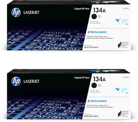 hp LASERJET Original HP Toner 134A Black Toner Cartridge Cartouche de toner W1340A JETINTELLIGENCE Powerful printing. Energy smart. Impression puissante. Énergie intelligente. HP LaserJet M209, MFP M234
Designed with health and the planet in mind, this toner cartridge is made with recycled plastic.