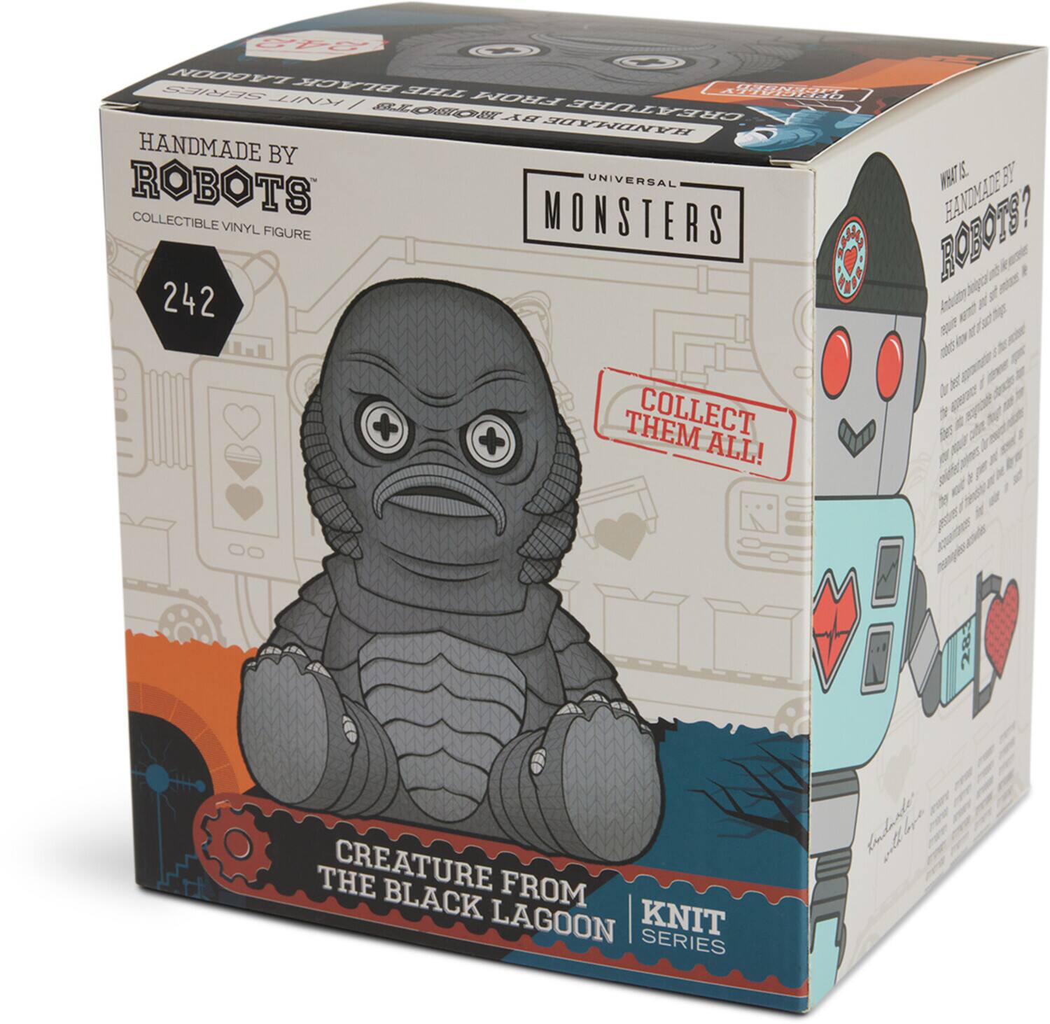 The text on the image reads:

"Handmade by Robots
Collectible Vinyl Figure
242
Collect Them All!
Creature from the Black Lagoon
Knit Series"