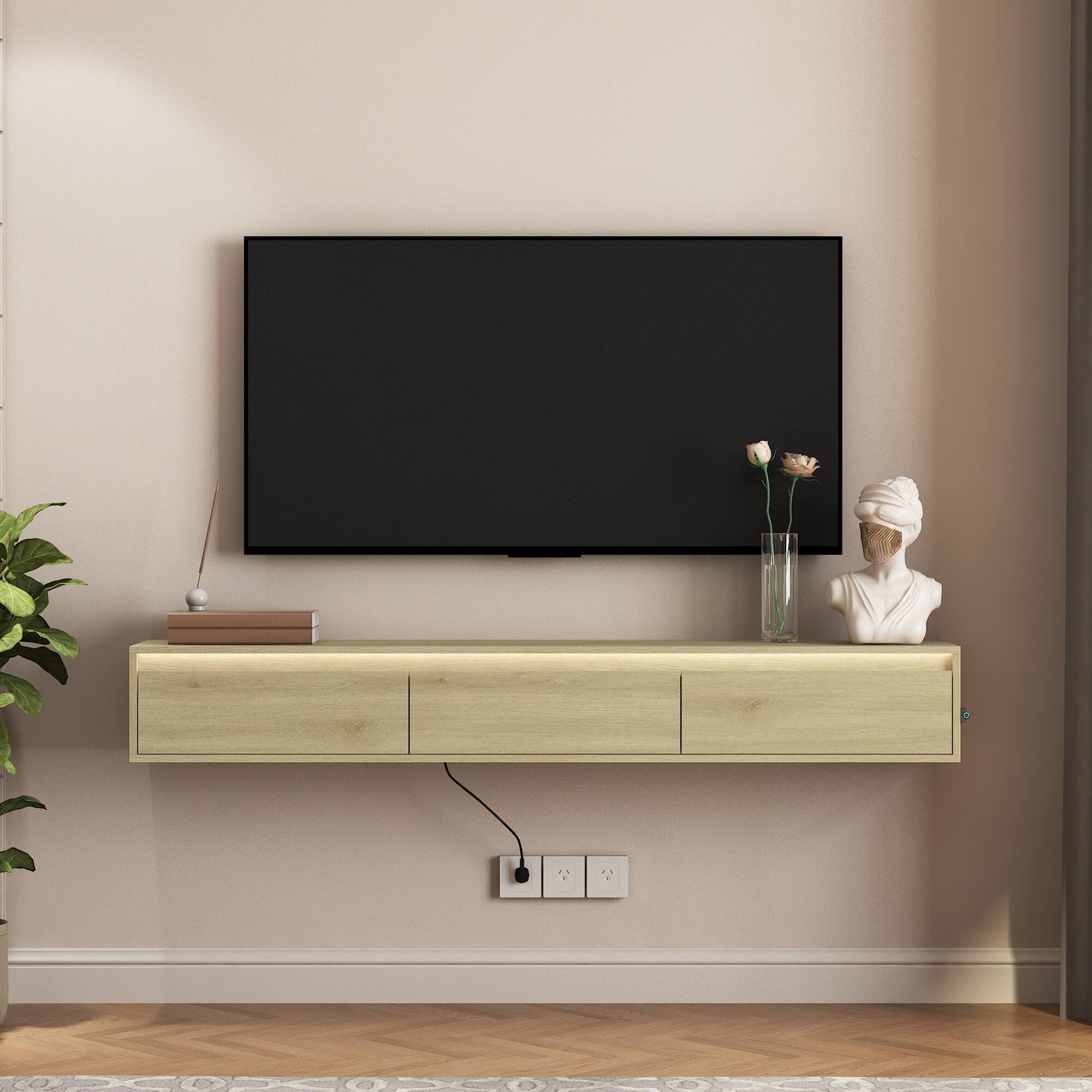 Angle. Z-Edge - Floating TV Stand, Wall Mounted TV Shelf with Led Lights & Power Outlet, Floating Entertainment Center for Living Room - Natural.