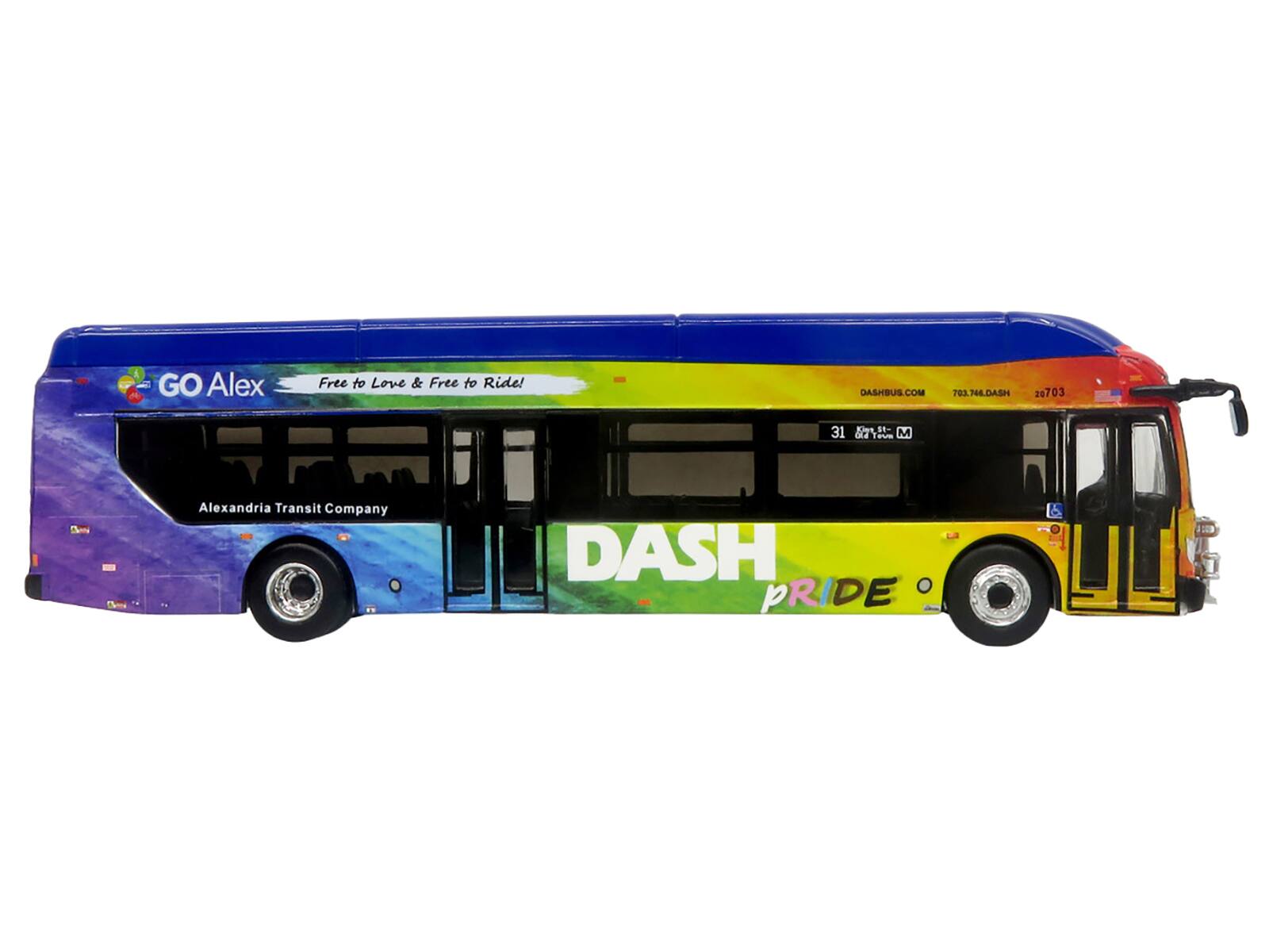 GO Alex  
Free to Love & Free to Ride!  
DASHBUS.COM  
703.744.DASH  
20703  
Alexandria Transit Company  
DASH PRIDE