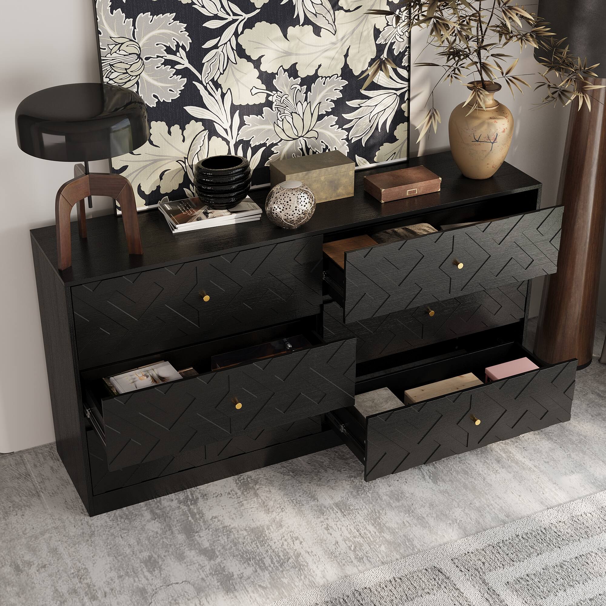 Alt View 5. Famapy - Famapy Textured 6 - Drawer Dresser: Wood - Grain Finish with Embossed Patterns - Black.