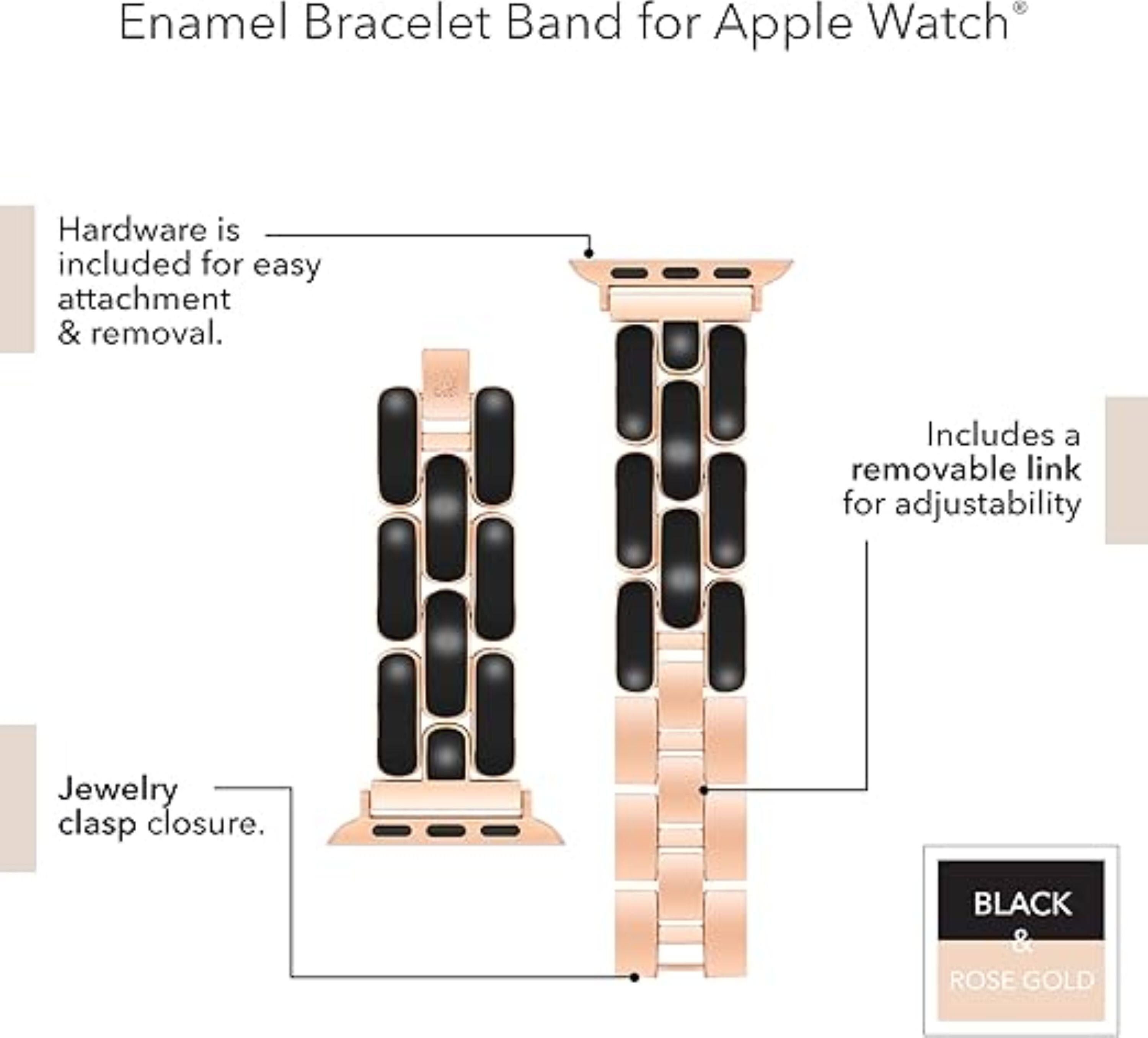 Enamel Bracelet Band for Apple Watch®

Hardware is included for easy attachment & removal.

Includes a removable link for adjustability.

Jewelry clasp closure.

BLACK & ROSE GOLD