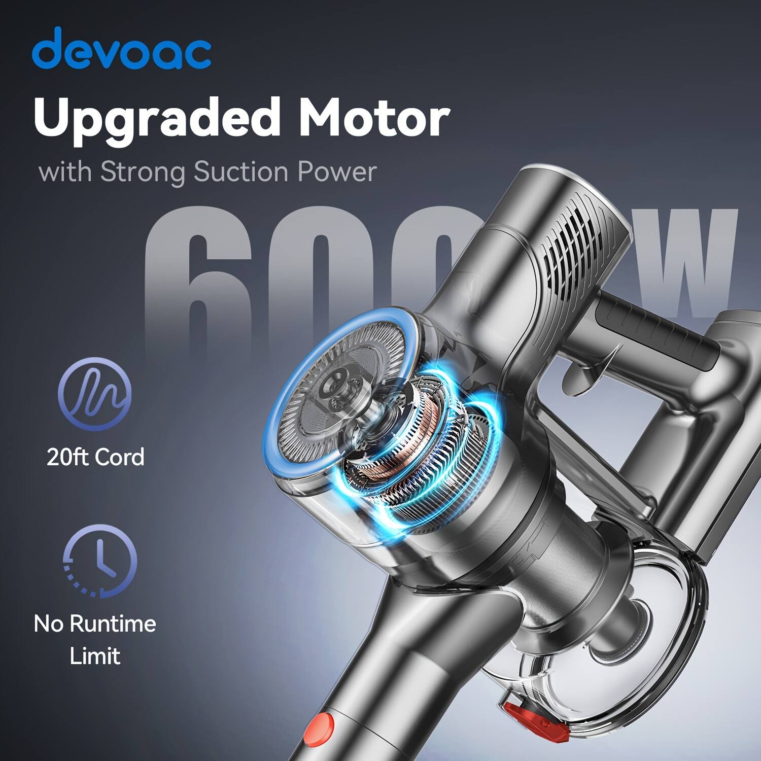 devaoc  
Upgraded Motor  
with Strong Suction Power  

600W  

20ft Cord  

No Runtime Limit