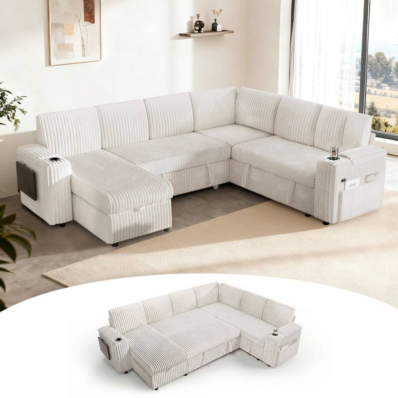 Front. Dyonery - 110" Modular 7 Seat L Shaped Couch with comfortable Backrest|USB Ports|Cup Holders|Side Table|Storage Chaise Armrests - Beige.