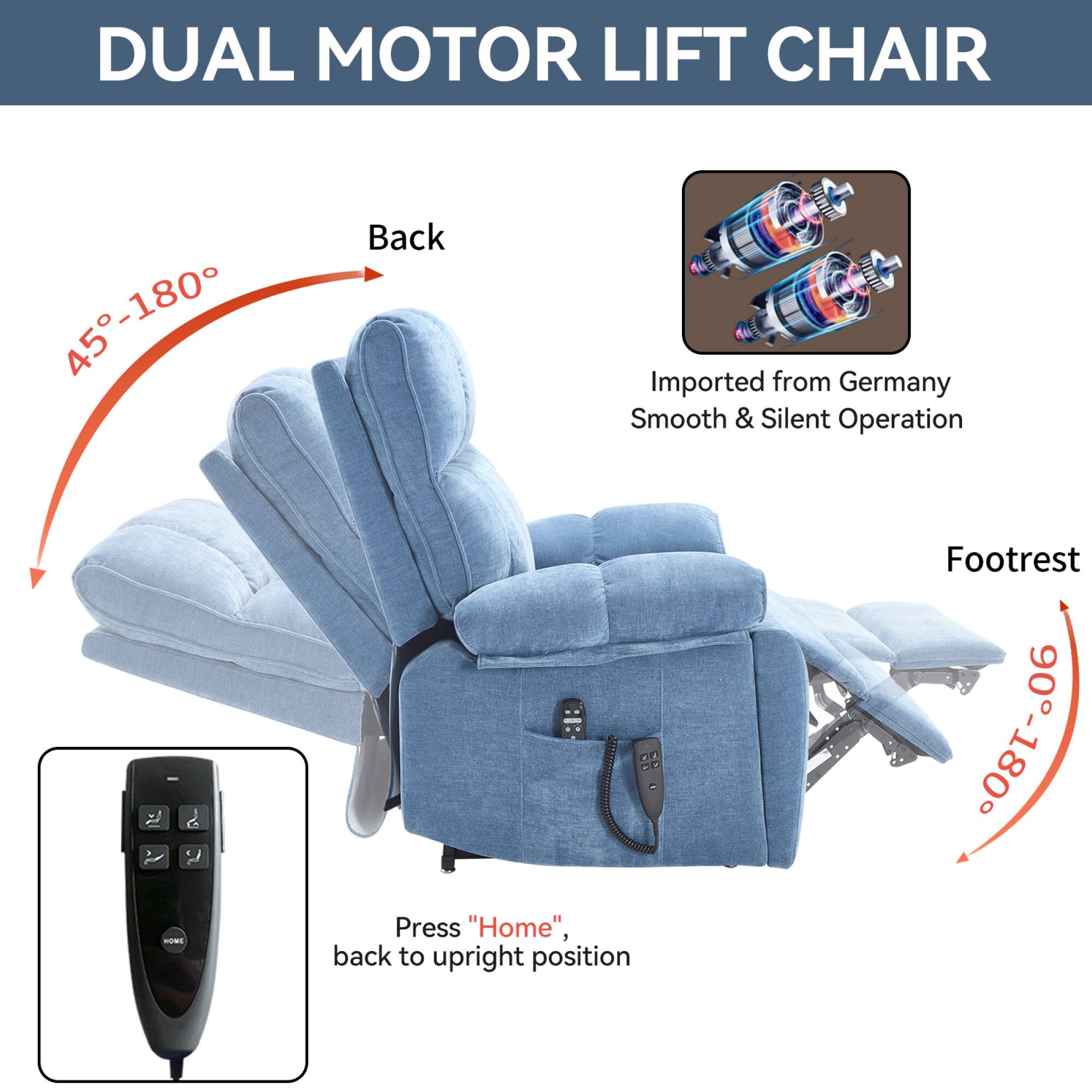 DUAL MOTOR LIFT CHAIR

45°-180° Back

Imported from Germany
Smooth & Silent Operation

Footrest 0°-87°-06°

Press "Home", back to upright position